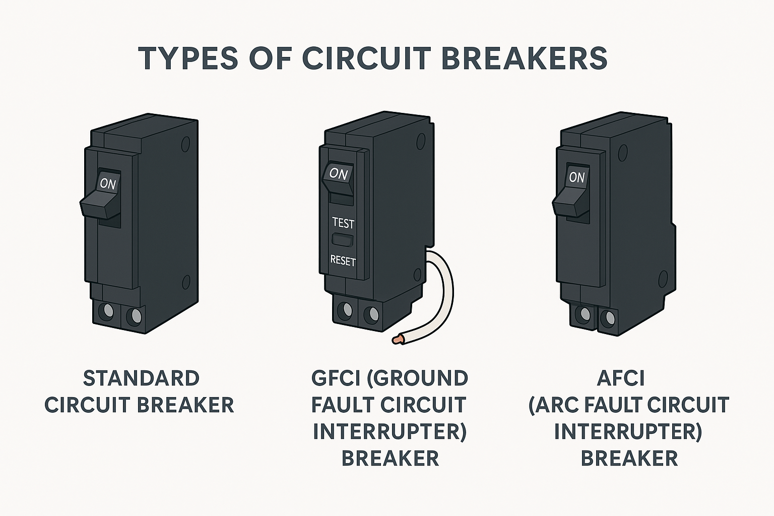 Diagram showing the 3 types of circuit breakers: Standard, GFCI, and AFCI breakers