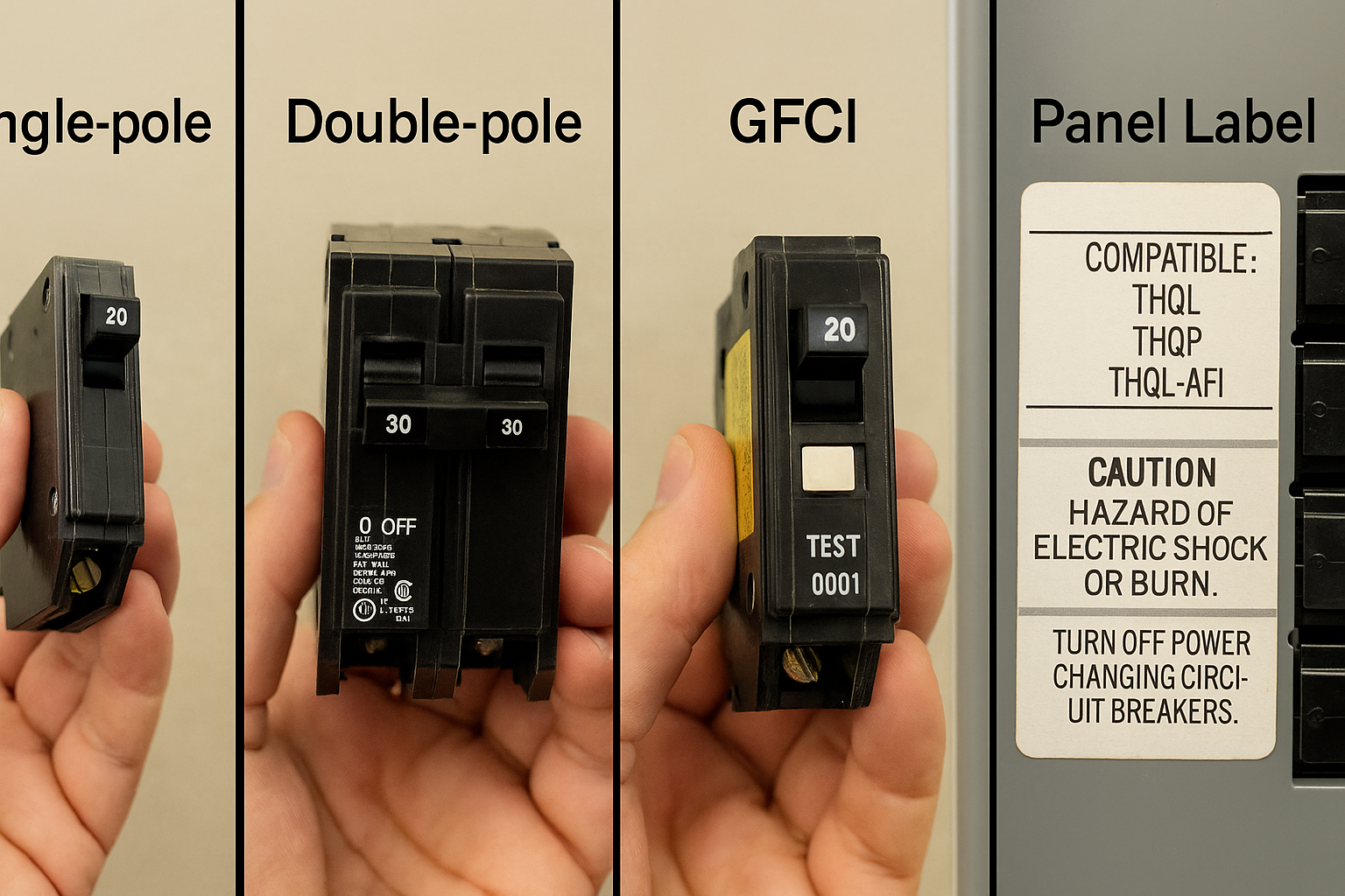 Visual guide to choosing the right circuit breaker type: single-pole, double-pole, GFCI breaker, and reading a panel label for compatible breaker brands