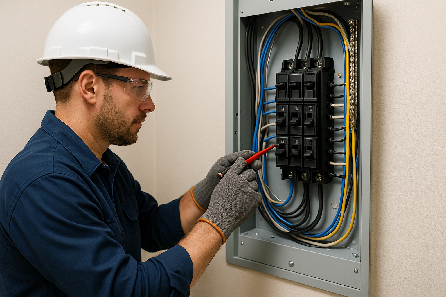 Electrician inspecting a residential breaker panel — 5 warning signs your circuit breaker needs replacing