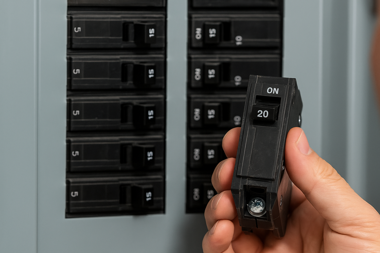 Hand pointing at a 20-amp circuit breaker in an electrical panel — can you replace a 15-amp with 20-amp breaker?