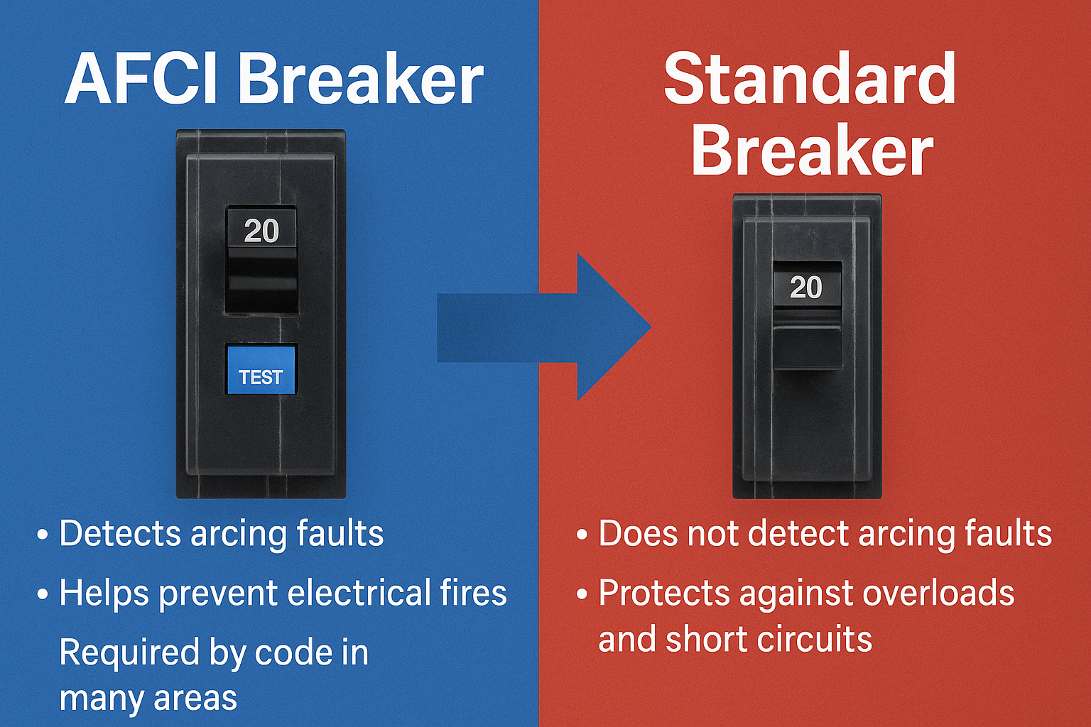 Comparison graphic showing AFCI breaker vs standard breaker — AFCI detects arcing faults and helps prevent electrical fires; standard breaker only protects against overloads and short circuits