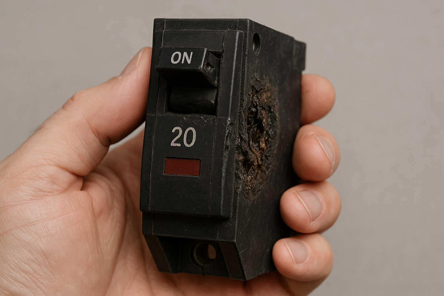 Hand holding a burnt and damaged circuit breaker — signs that a breaker is bad and needs replacement