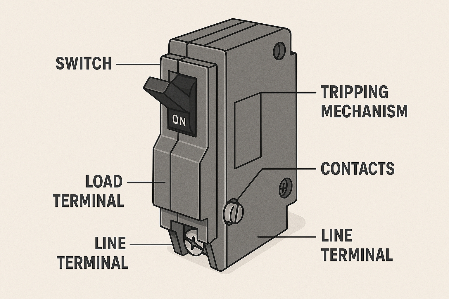 Diagram of a circuit breaker showing labeled parts including switch, tripping mechanism, contacts, load terminal, and line terminal