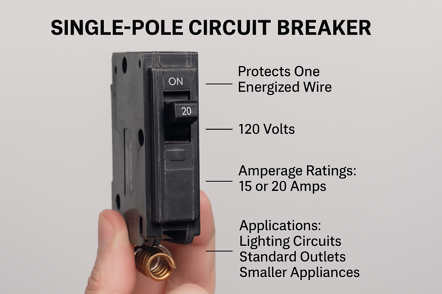 Infographic of a single-pole circuit breaker showing specs: 120 volts, 15 or 20 amp ratings, protects one energized wire, used for lighting circuits, outlets, and small appliances