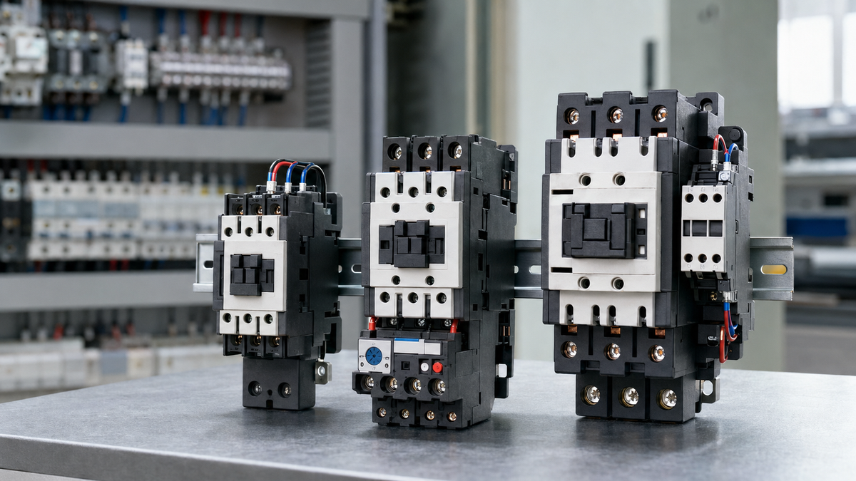 Three IEC contactors in different frame sizes, including one with an overload relay