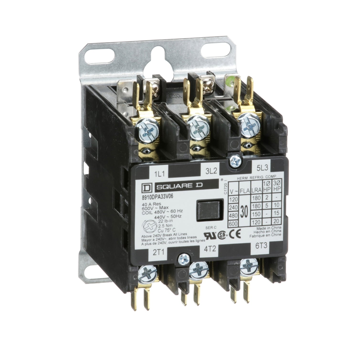 8910DPA33V06 - Schneider Electric - 30 Amp 3 Pole Square D Definite Purpose Contactor