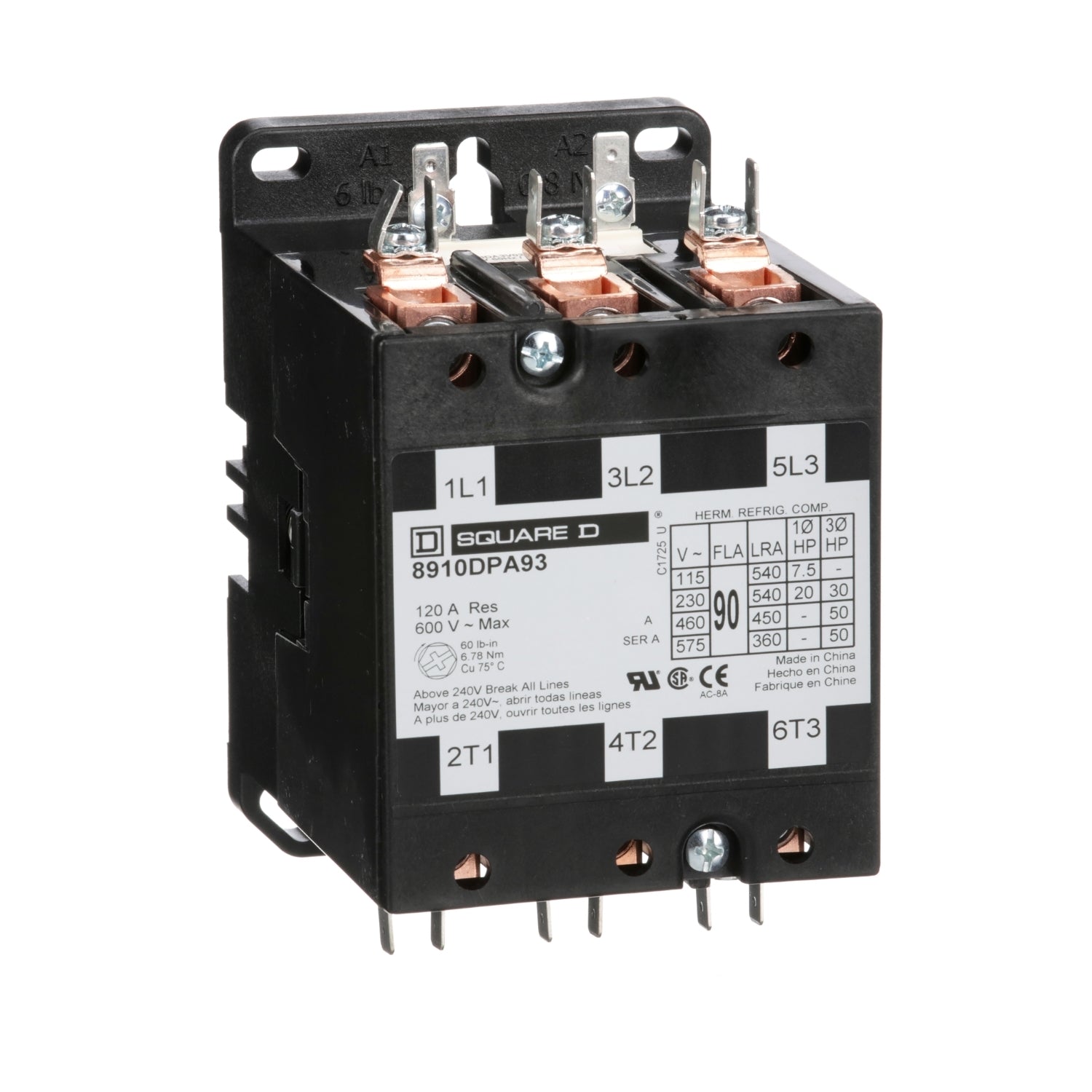 8910DPA93V02 - Schneider Electric - 90 Amp 3 Pole 120 Volt Square D Definite Purpose Contactor