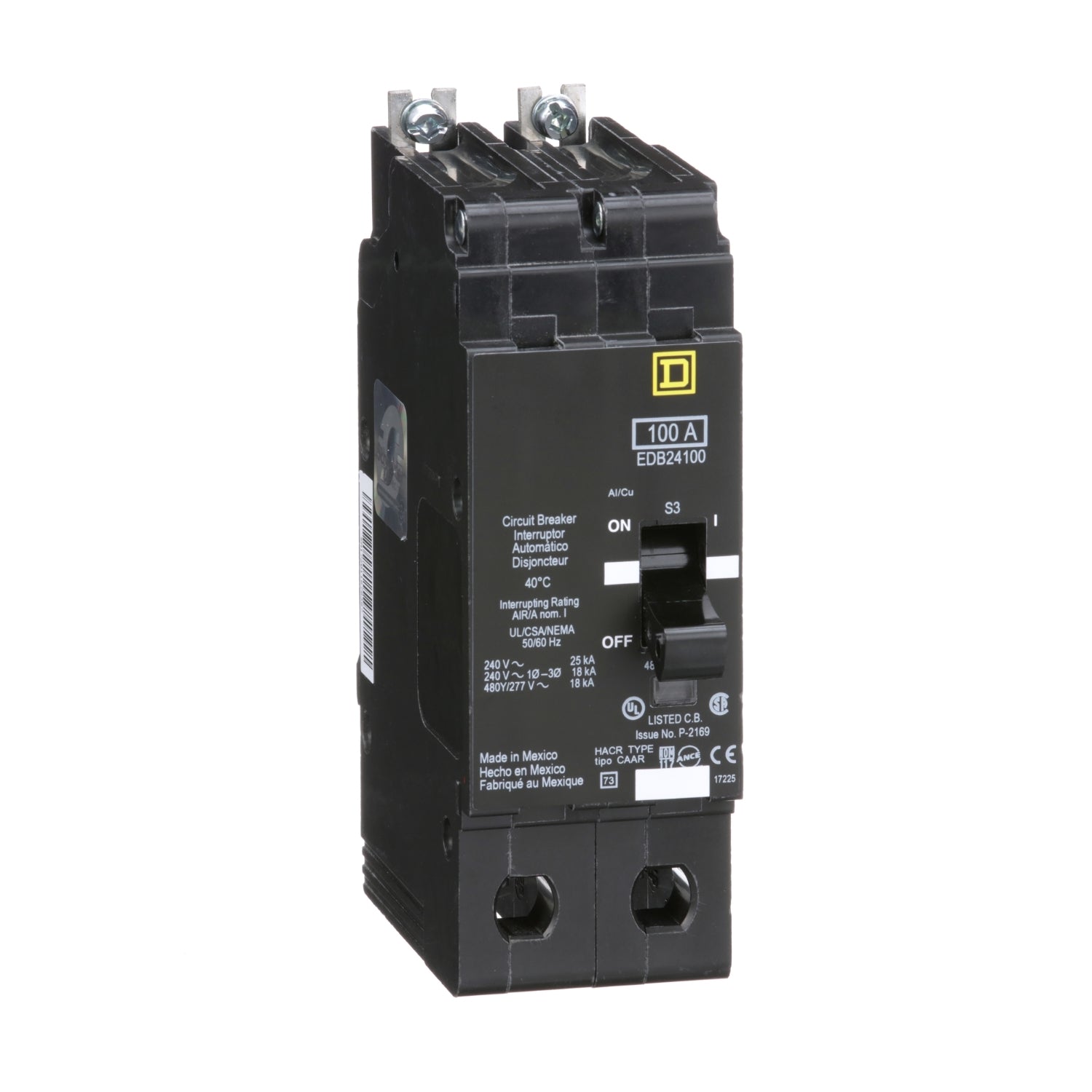 EDB24100 - Schneider Electric - Bolt-On 100 Amp 2 Pole 480 Volt Square D Circuit Breaker
