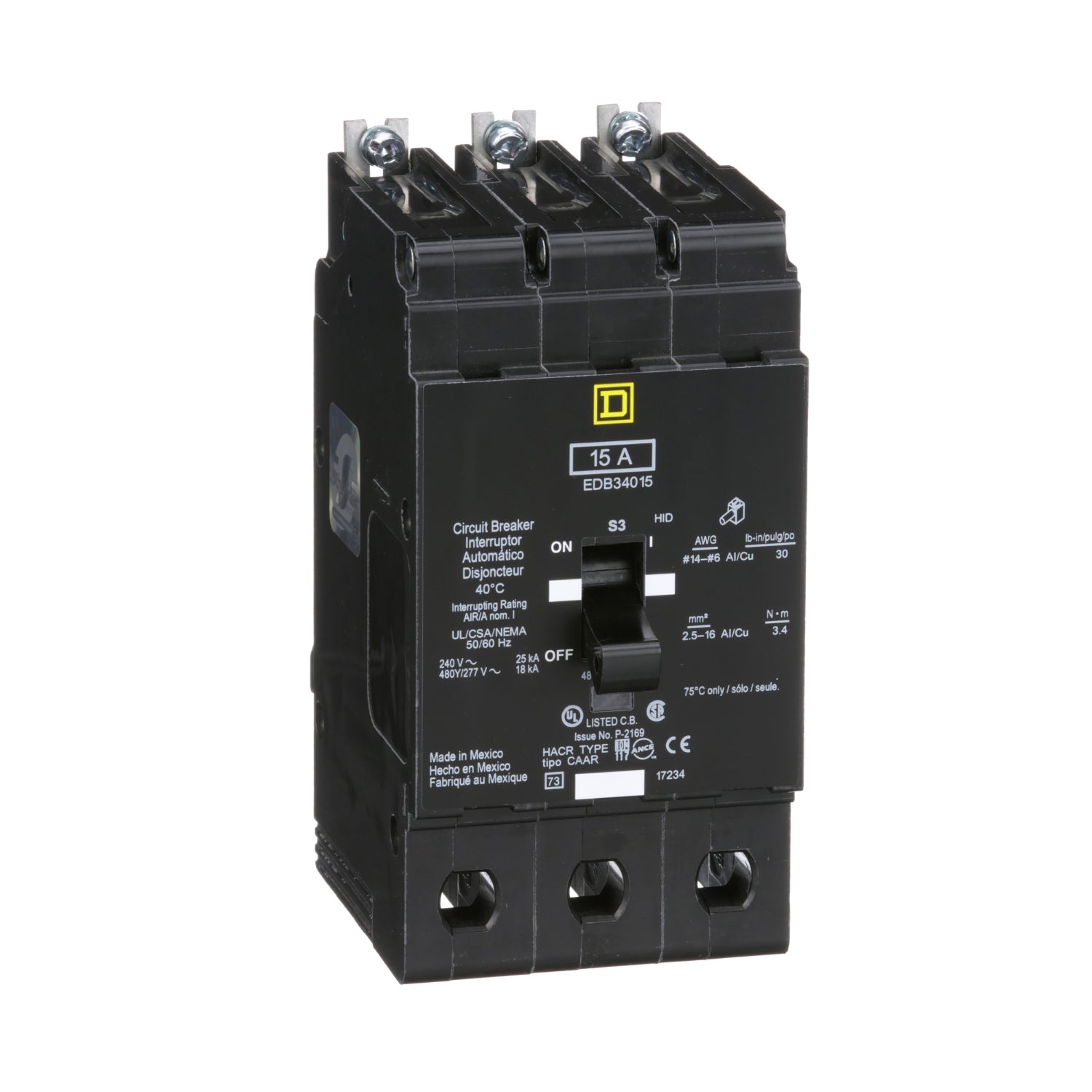 EDB34015 - Schneider Electric - Bolt-On 30 Amp 1 Pole 277 Volt Square D Molded Case Circuit Breaker