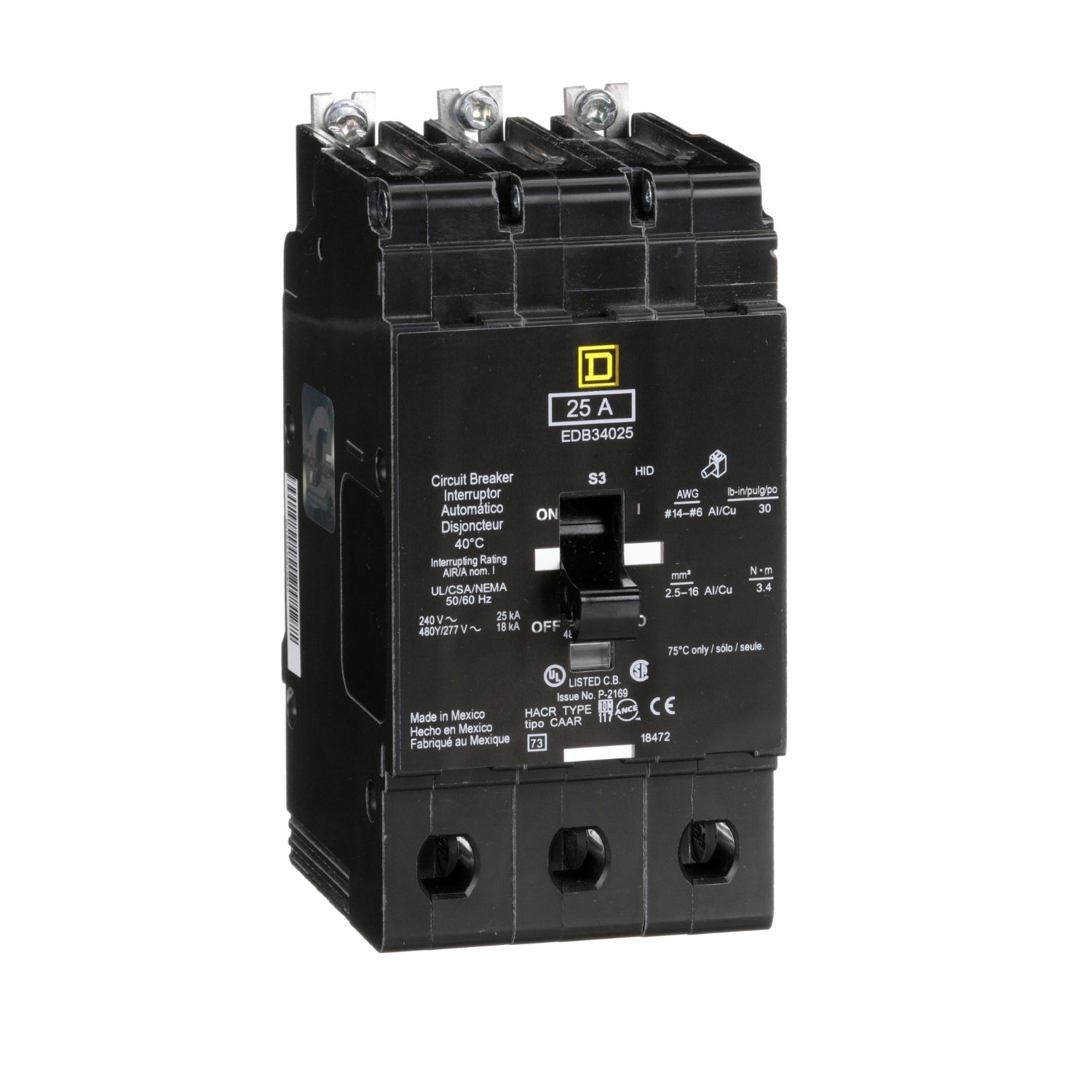 EDB34025 - Schneider Electric - Bolt-On 25 Amp 3 Pole 480 Volt Square D Circuit Breaker