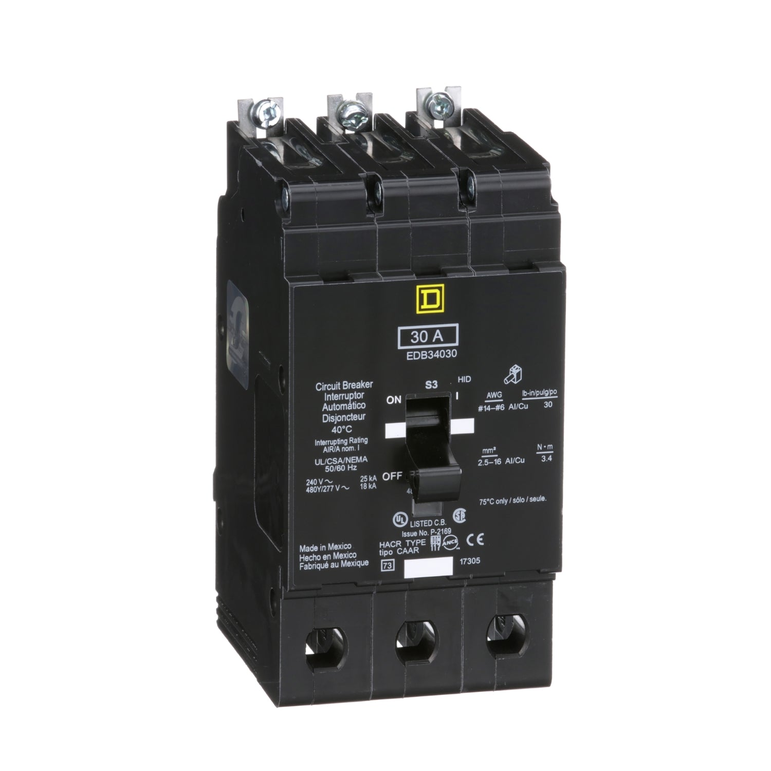 EDB34030 - Schneider Electric - Bolt-On 20 Amp 3 Pole 480 Volt Square D Molded Case Circuit Breaker