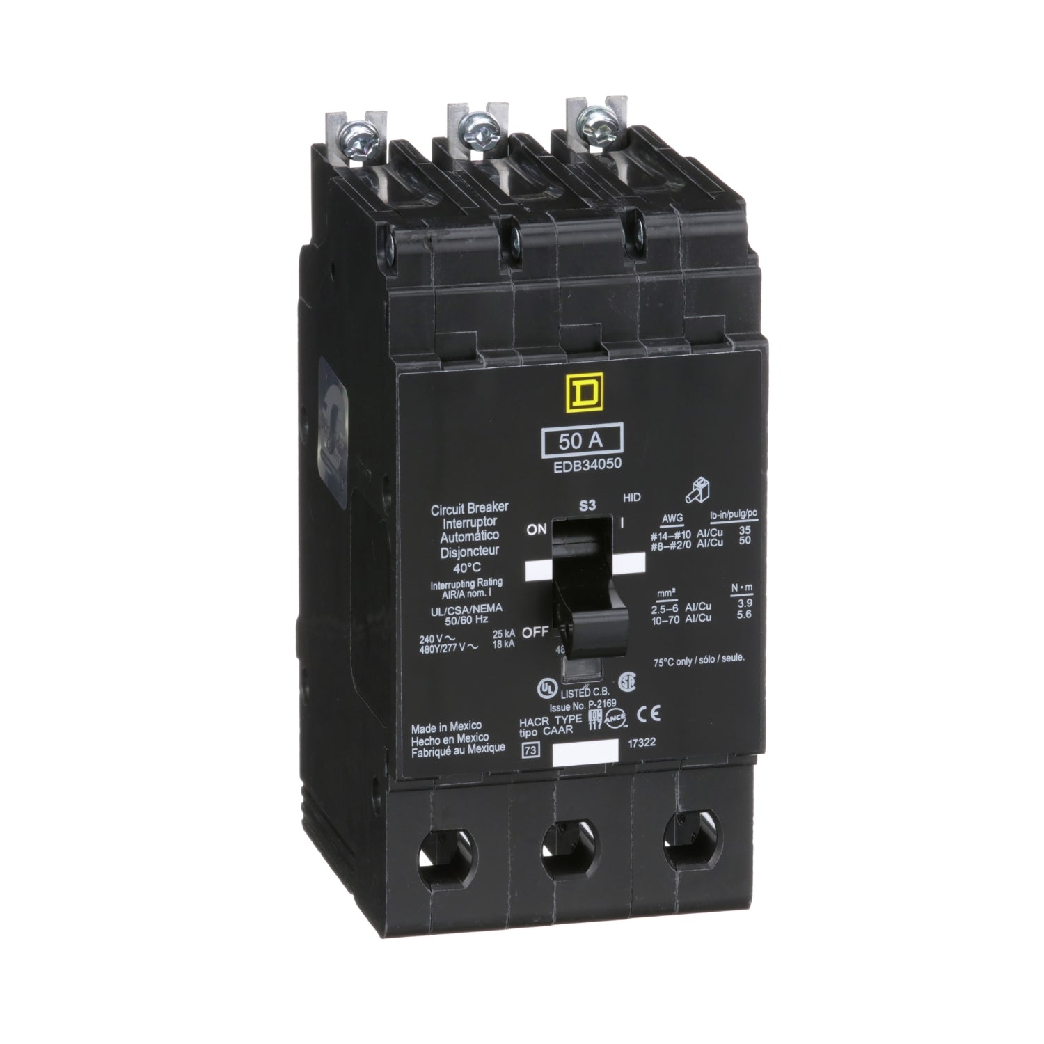 EDB34050 - Schneider Electric - Bolt-On 50 Amp 3 Pole 480 Volt Square D Molded Case Circuit Breaker