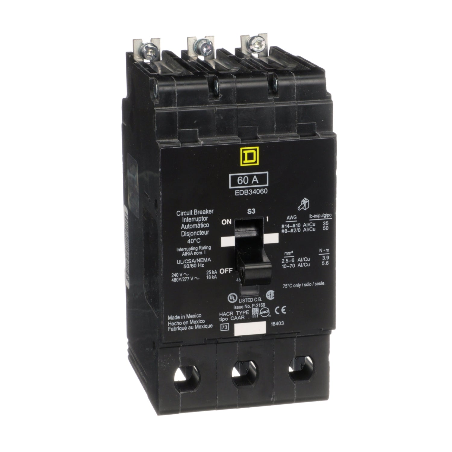 EDB34060 - Schneider Electric - Bolt-On 60 Amp 3 Pole 480 Volt Square D Molded Case Circuit Breaker