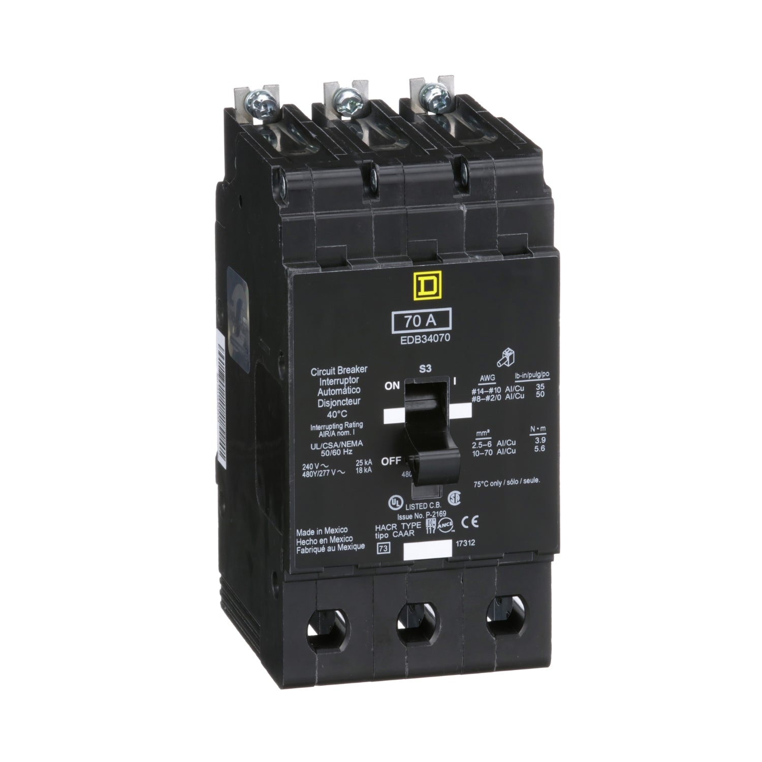 EDB34070 - Schneider Electric - Bolt-On 70 Amp 3 Pole 480 Volt Square D Molded Case Circuit Breaker