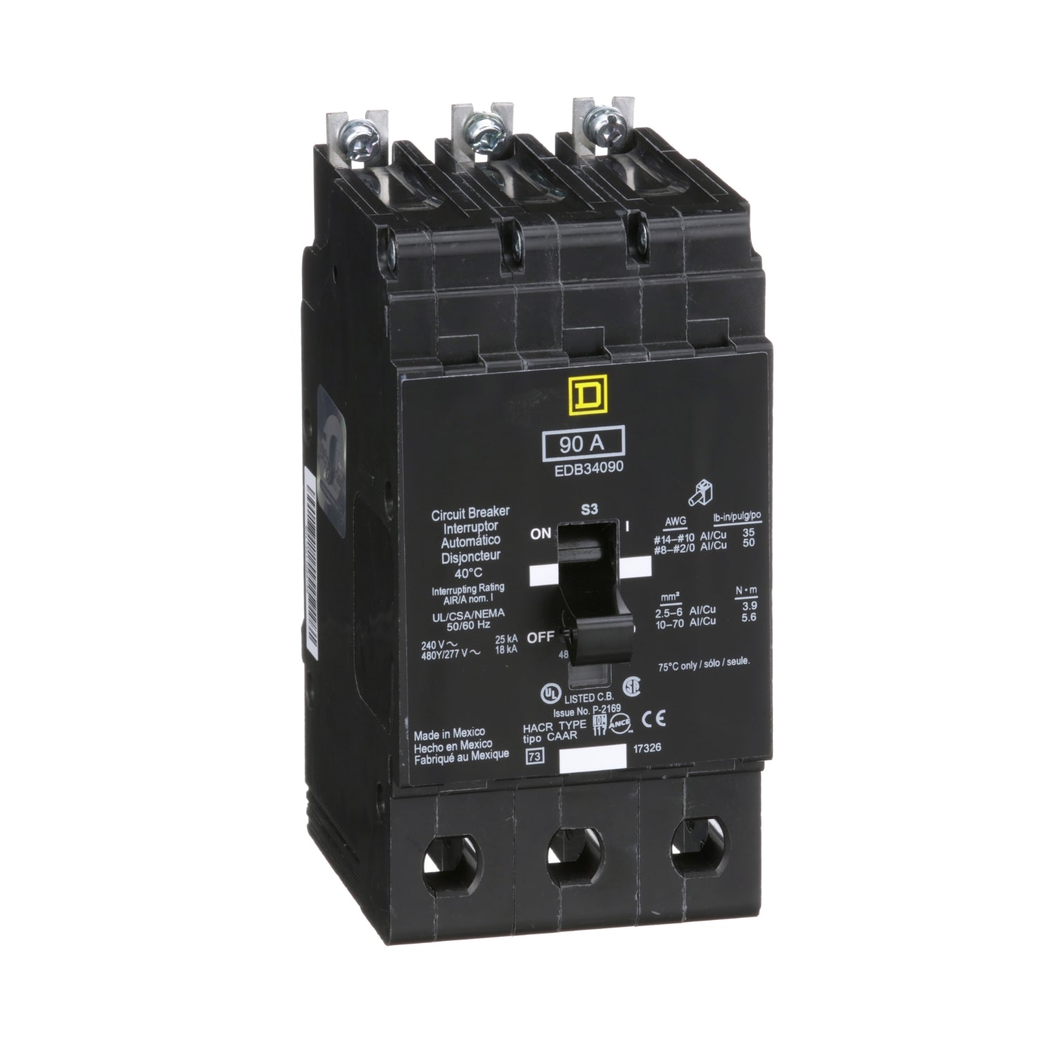 EDB34090 - Schneider Electric - Bolt-On 90 Amp 3 Pole 480 Volt Square D Molded Case Circuit Breaker