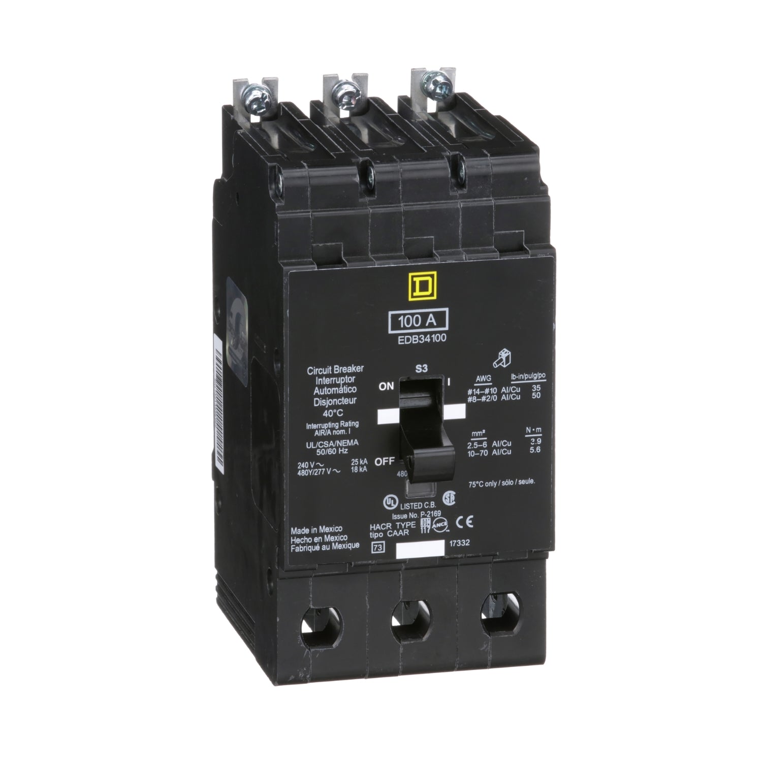 EDB34100 - Schneider Electric - Bolt-On 100 Amp 3 Pole 480 Volt Square D Molded Case Circuit Breaker