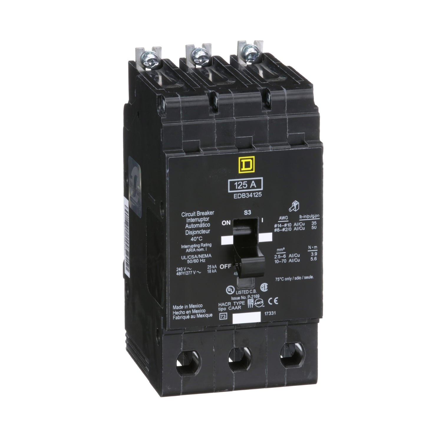 EDB34125 - Schneider Electric - Bolt-On 125 Amp 3 Pole 480 Volt Square D Molded Case Circuit Breaker