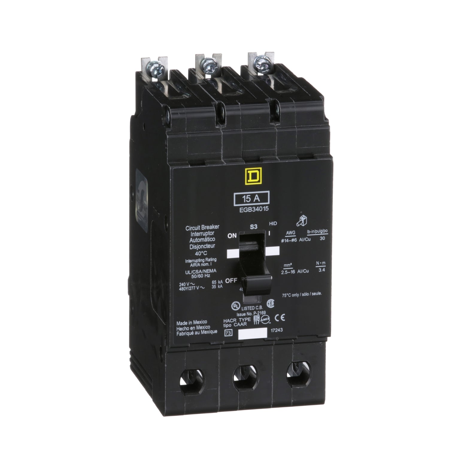 EGB34015 - Schneider Electric - Bolt-On 15 Amp 3 Pole 480 Volt Square D Molded Case Circuit Breaker