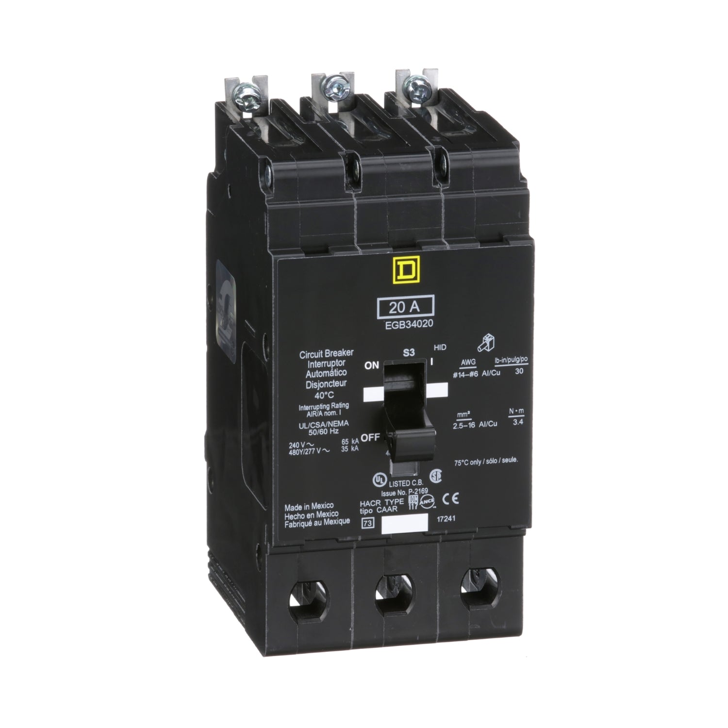 EGB34020 - Schneider Electric - Bolt-On 20 Amp 3 Pole 480 Volt Square D Molded Case Circuit Breaker