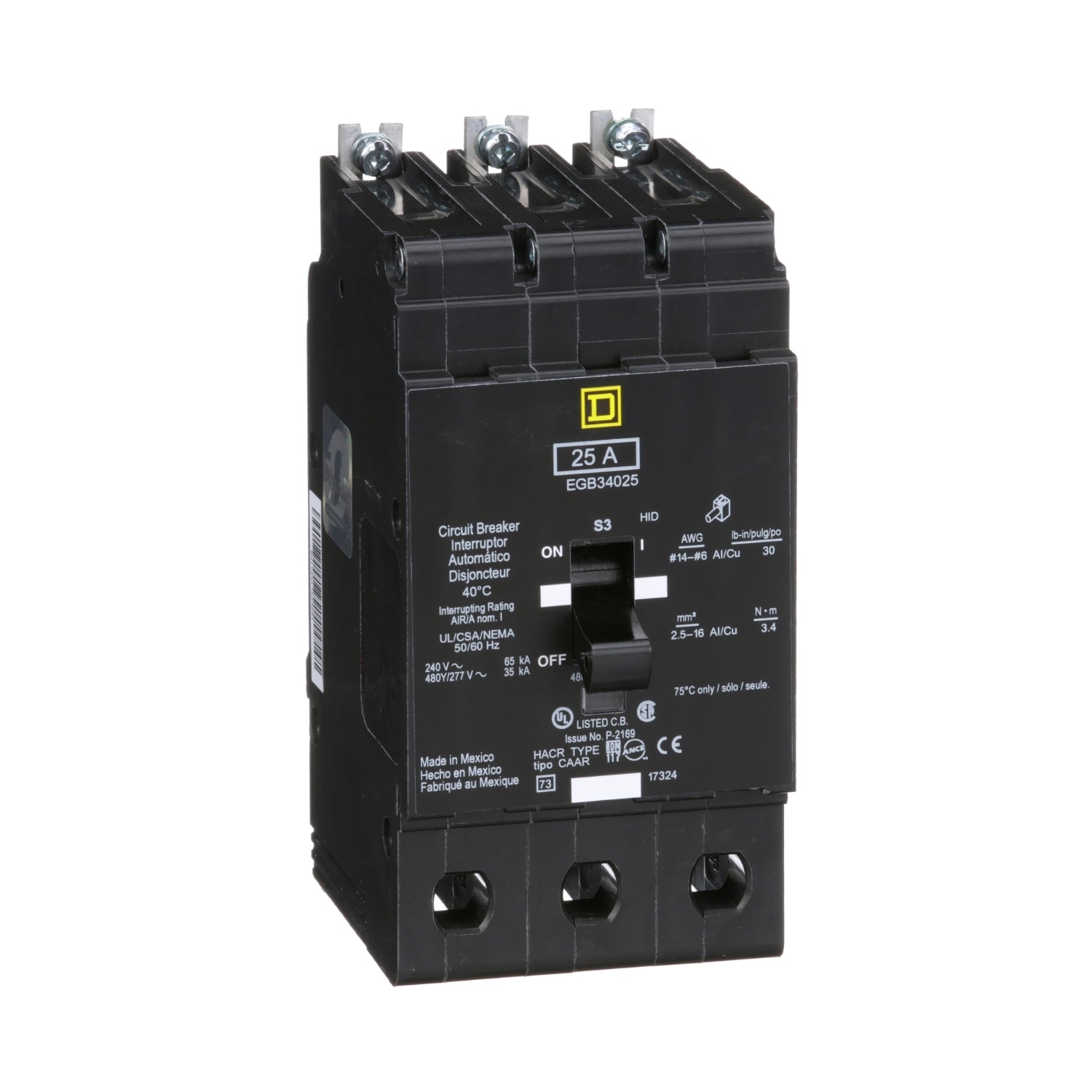 EGB34025 - Schneider Electric - Bolt-On 25 Amp 3 Pole 480 Volt Square D Molded Case Circuit Breaker