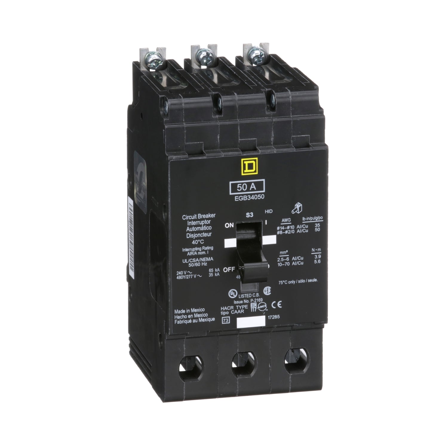 EGB34050 - Schneider Electric - Bolt-On 50 Amp 3 Pole 480 Volt Square D Molded Case Circuit Breaker