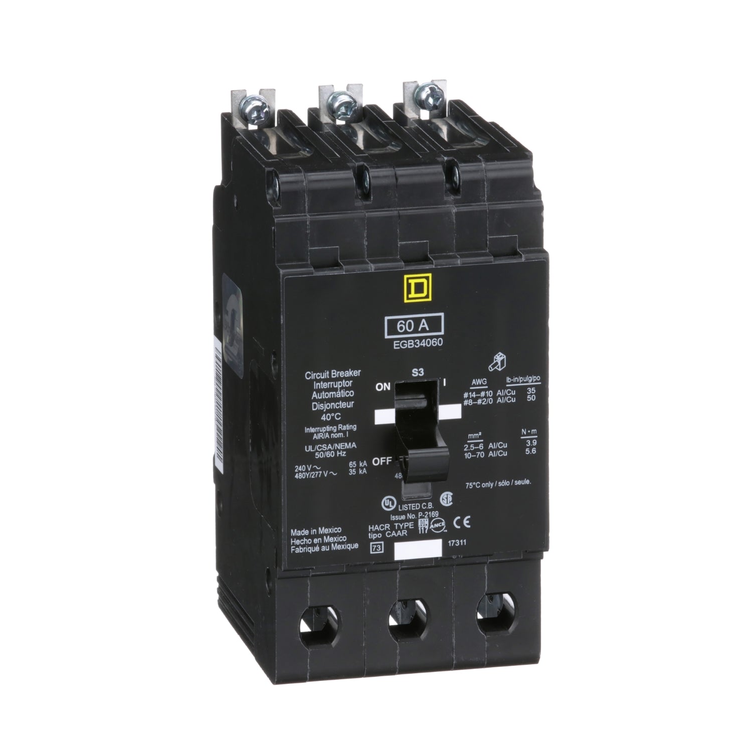 EGB34060 - Schneider Electric - Bolt-On 60 Amp 3 Pole 480 Volt Square D Molded Case Circuit Breaker