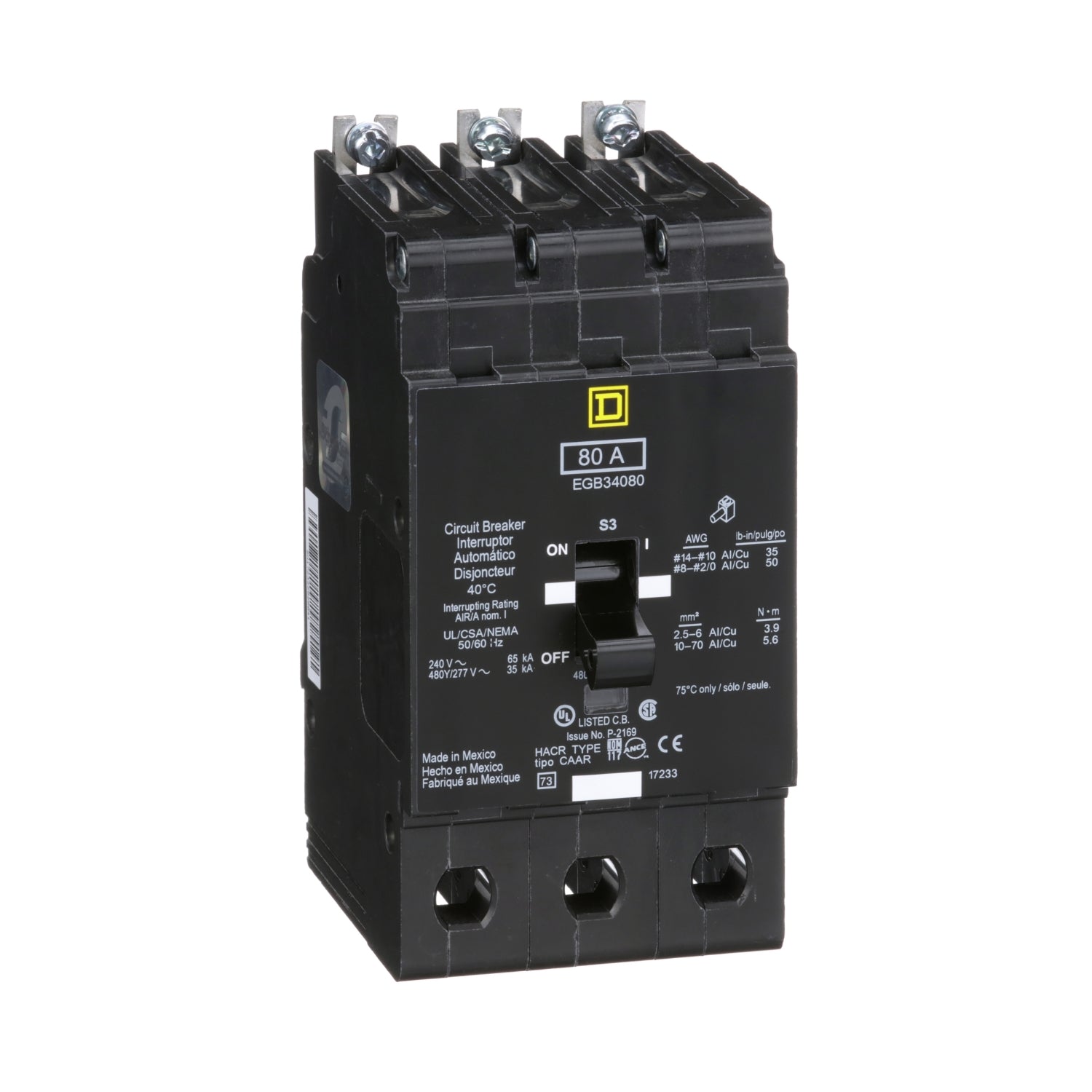 EGB34080 - Schneider Electric - Bolt-On 80 Amp 3 Pole 480 Volt Square D Molded Case Circuit Breaker
