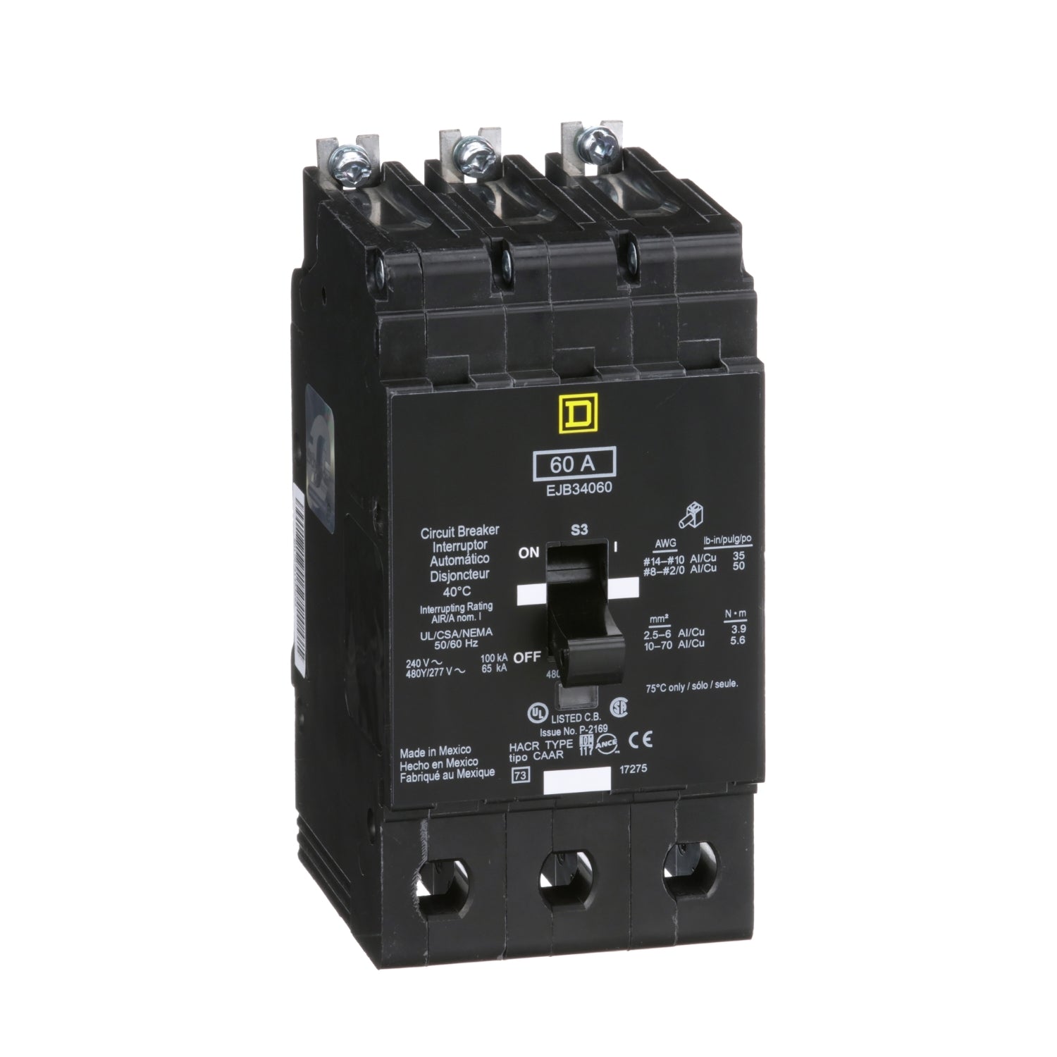 EJB34060 - Schneider Electric - Bolt-On 60 Amp 3 Pole 480 Volt Square D Molded Case Circuit Breaker
