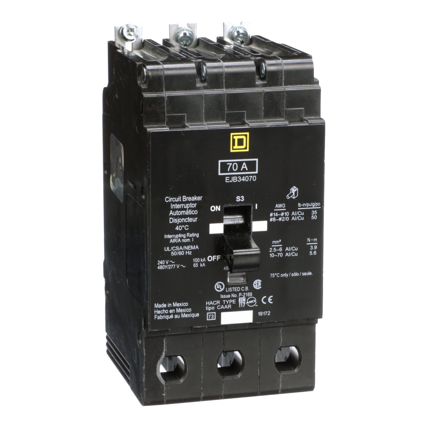 EJB34070 - Schneider Electric - Bolt-On 70 Amp 3 Pole 480 Volt Square D Molded Case Circuit Breaker