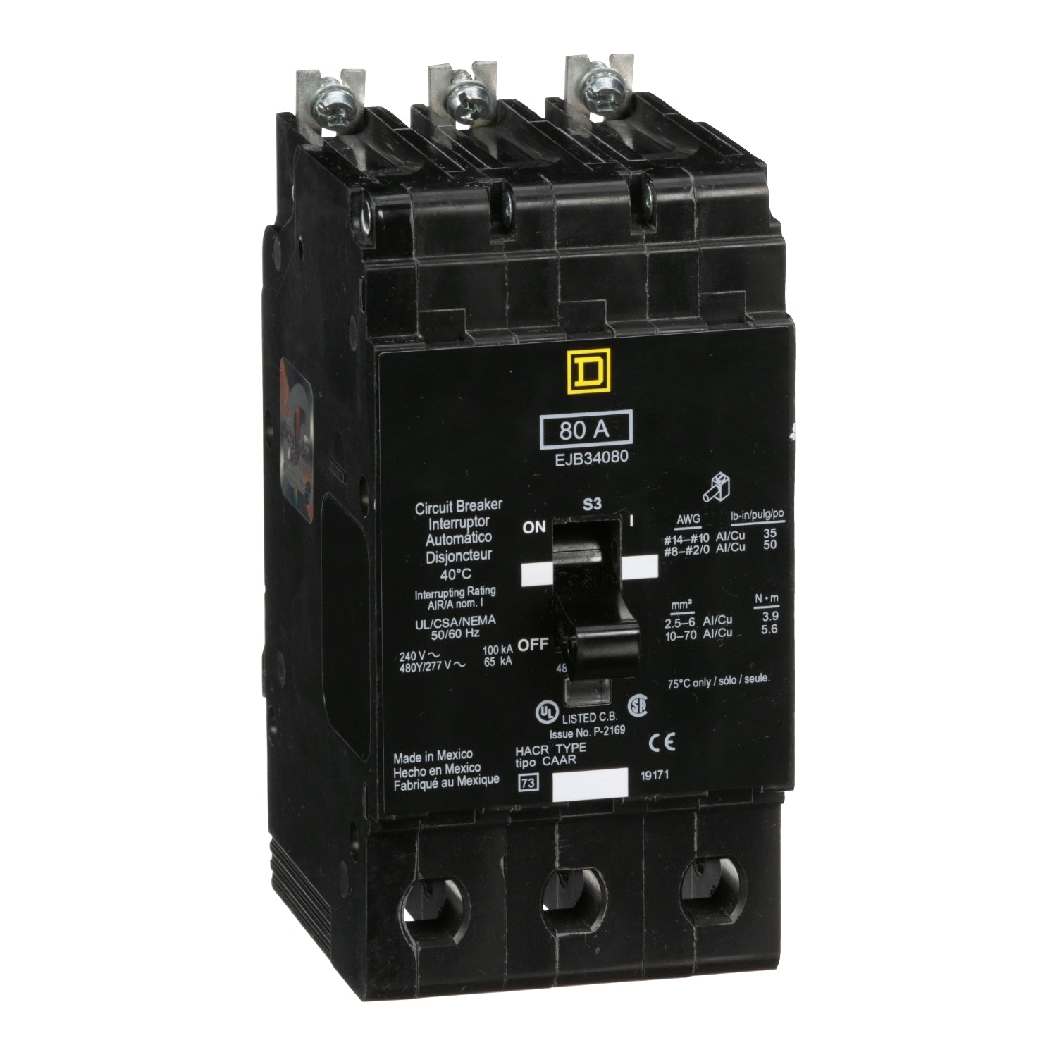 EJB34080 - Schneider Electric - Bolt-On 80 Amp 3 Pole 480 Volt Square D Molded Case Circuit Breaker