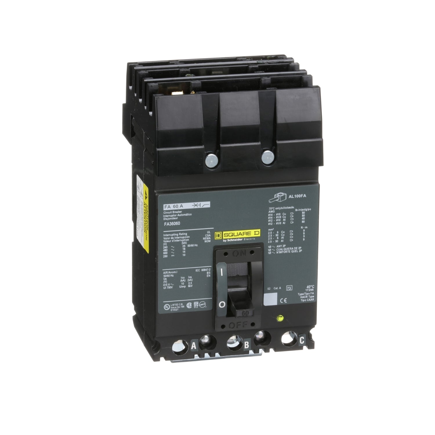 FA36060 - Schneider Electric - I-Line Plug-In - 60 Amp 3 Pole 600 Volt Square D Molded Case Circuit Breaker