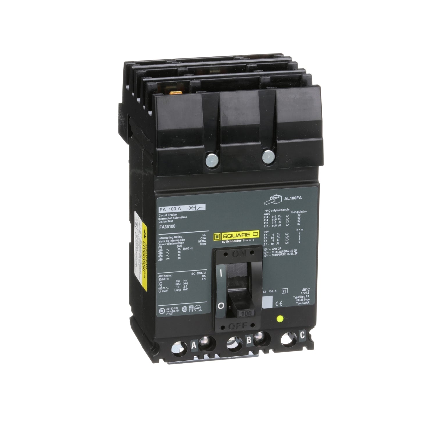 FA36100 - Schneider Electric - I-Line Plug-In 100 Amp 3 Pole 600 Volt Square D Molded Case Circuit Breaker