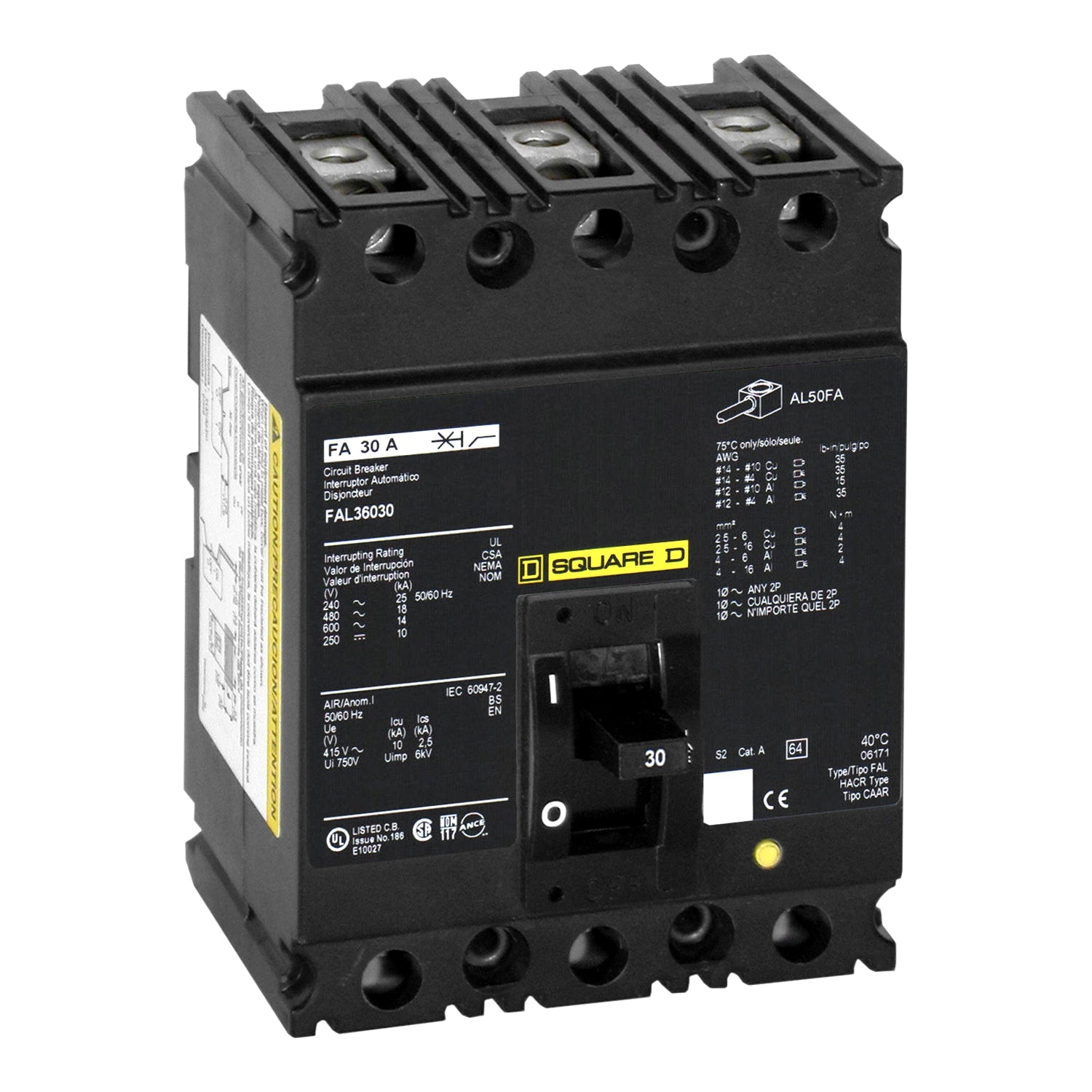 FAL36030 - Schneider Electric - Feed-Thru 30 Amp 3 Pole 600 Volt Square D Molded Case Circuit Breaker