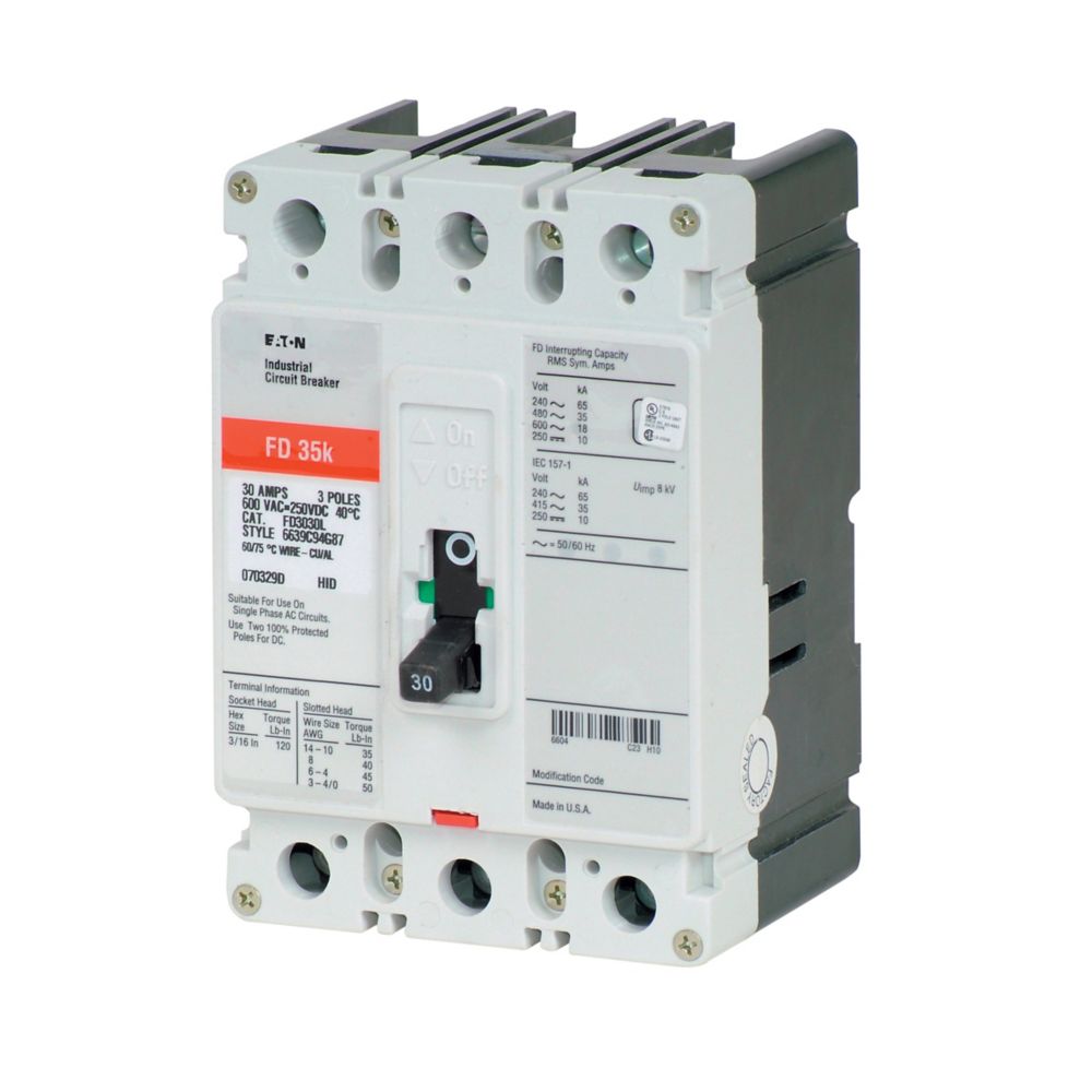 FD3030L - Eaton Cutler-Hammer - Feed Thru 30 Amp 3 Pole 600 Volt Molded Case Circuit Breakers