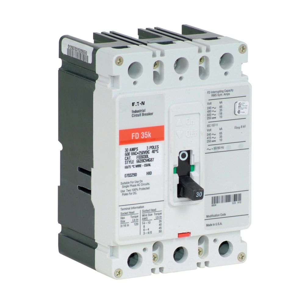 FD3030L - Eaton Cutler-Hammer - Feed Thru 30 Amp 3 Pole 600 Volt Molded Case Circuit Breakers