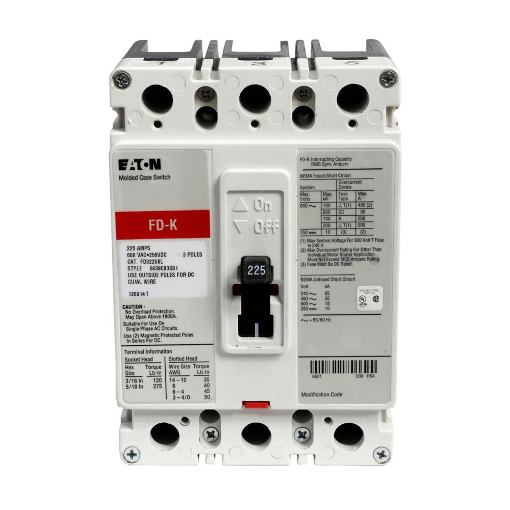 FD3225L - Eaton Cutler-Hammer - Feed Thru 225 Amp 3 Pole 600 Volt - Molded Case Circuit Breakers