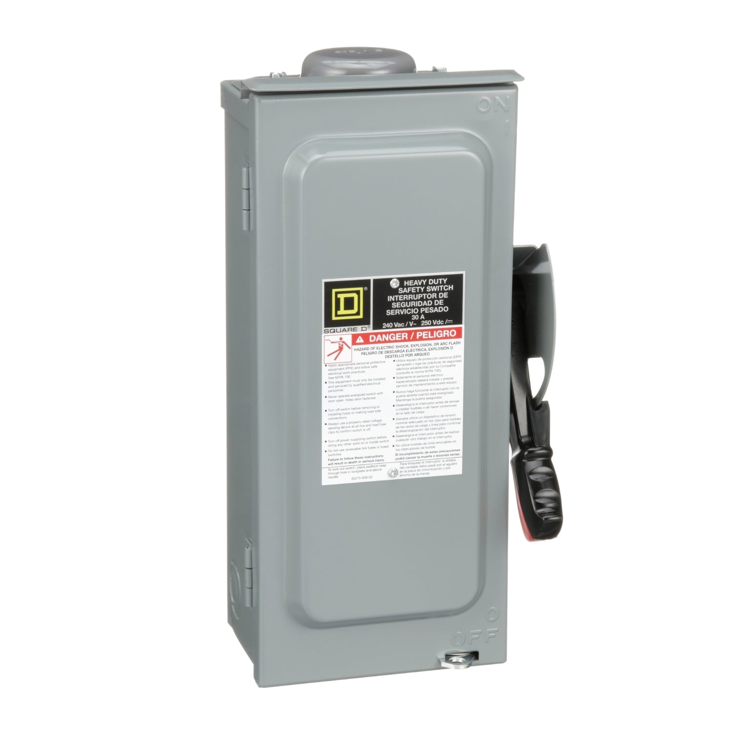 H221NRB - Square D - Heavy duty 30A 240VAC/250VDC 3 wire 2 pole 1 neutral 7.5hp NEMA 3R bolt on hub provision Fusible safety switch
