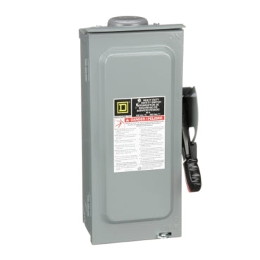 H222NRB - Square D - Heavy duty 60A 240VAC/250VDC 3 wire 2 pole 1 neutral 15hp NEMA 3R bolt on hub provision Fusible safety switch