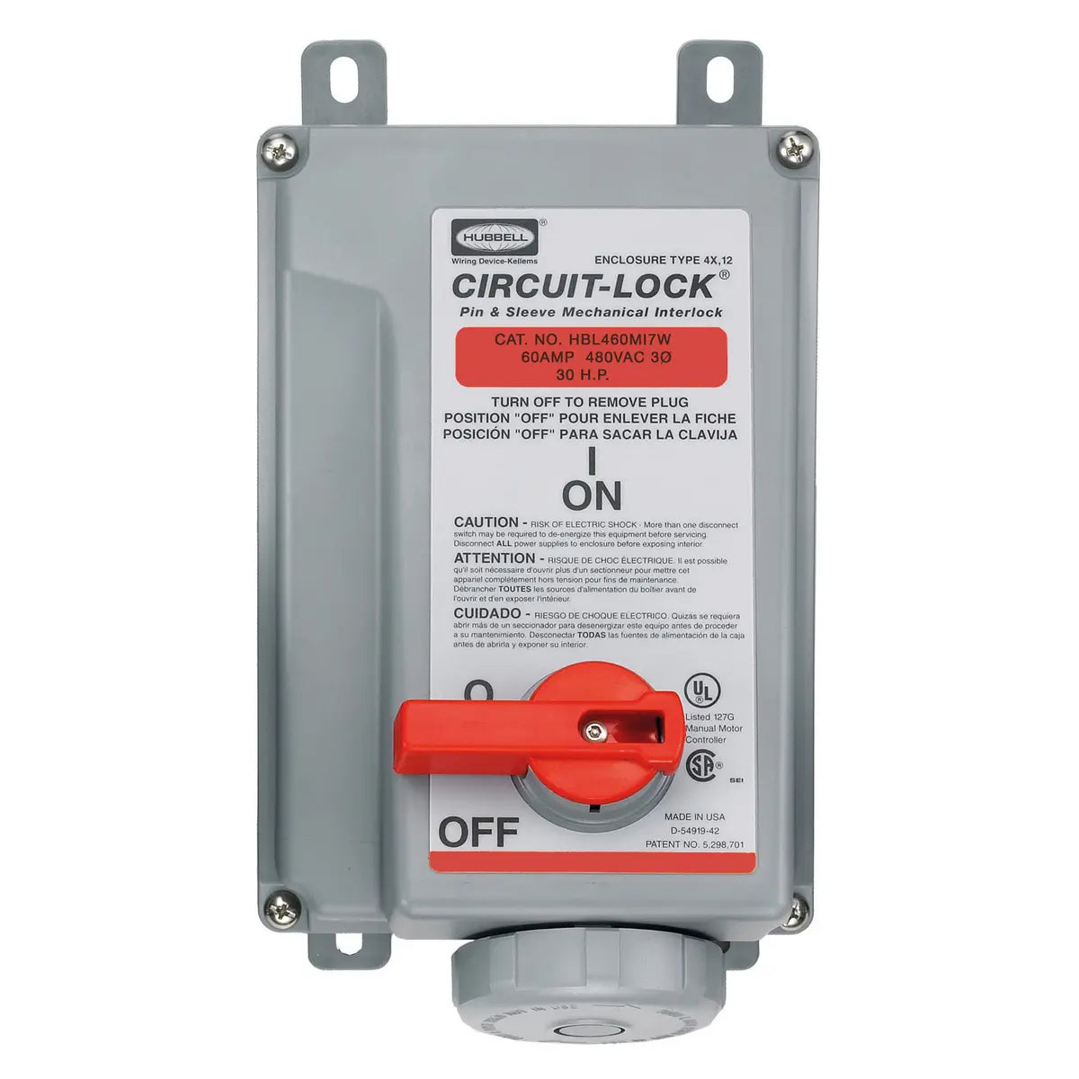 HBL460MI7W - Hubbell Wiring Device - Kellems 60A 480V 3 Phase Female Mechanically Interlocked Receptacle IEC Pin and Sleeve Devices