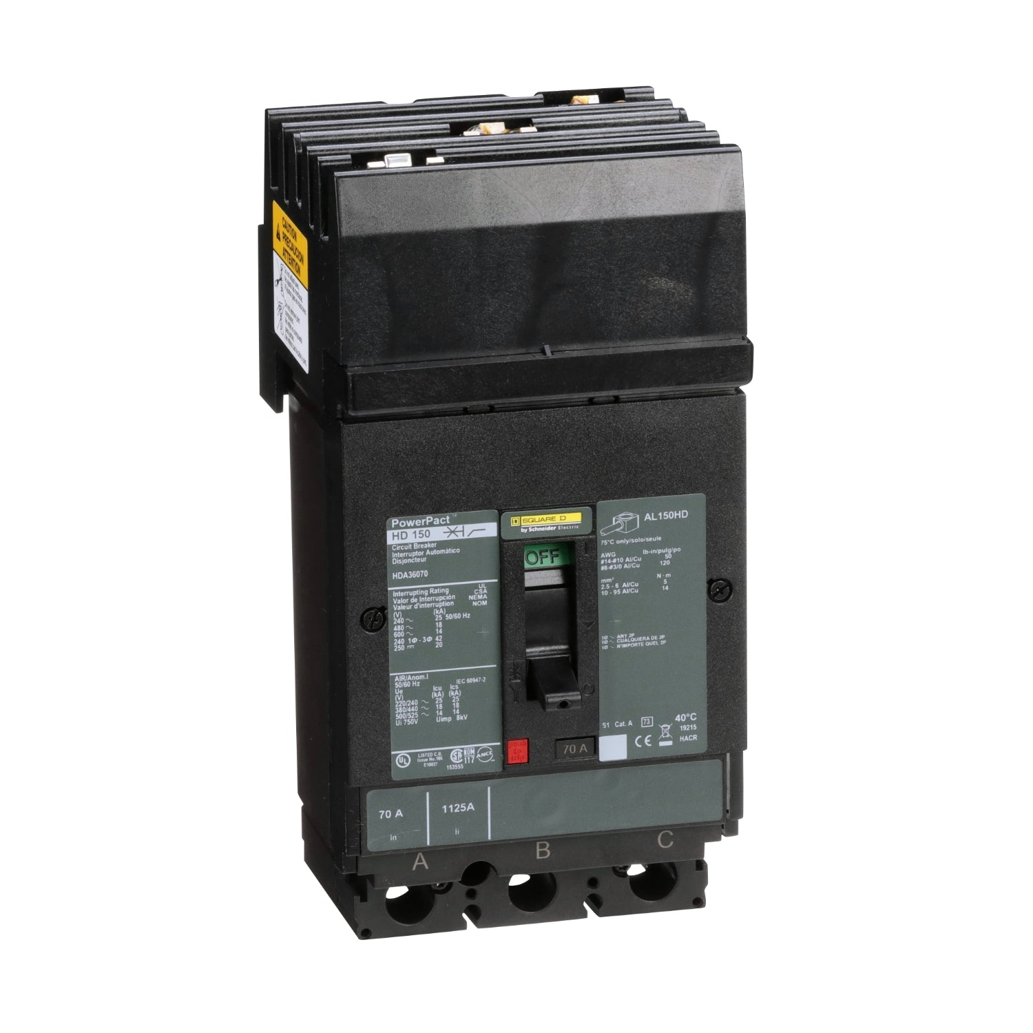 HDA36070 - Schneider Electric - I-Line Plug-In 70 Amp 3 Pole 600 Volt Square D Molded Case Circuit Breaker