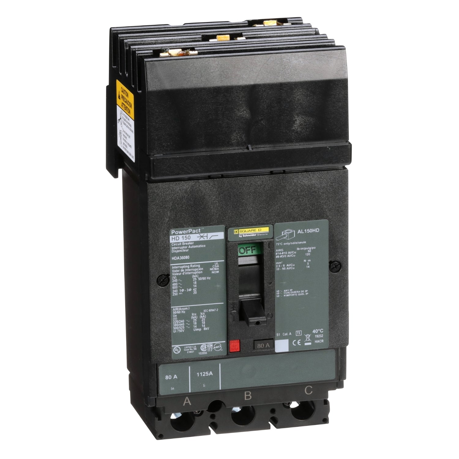 HDA36080 - Schneider Electric - I-Line Plug-In 80 Amp 3 Pole 600 Volt Square D Molded Case Circuit Breaker