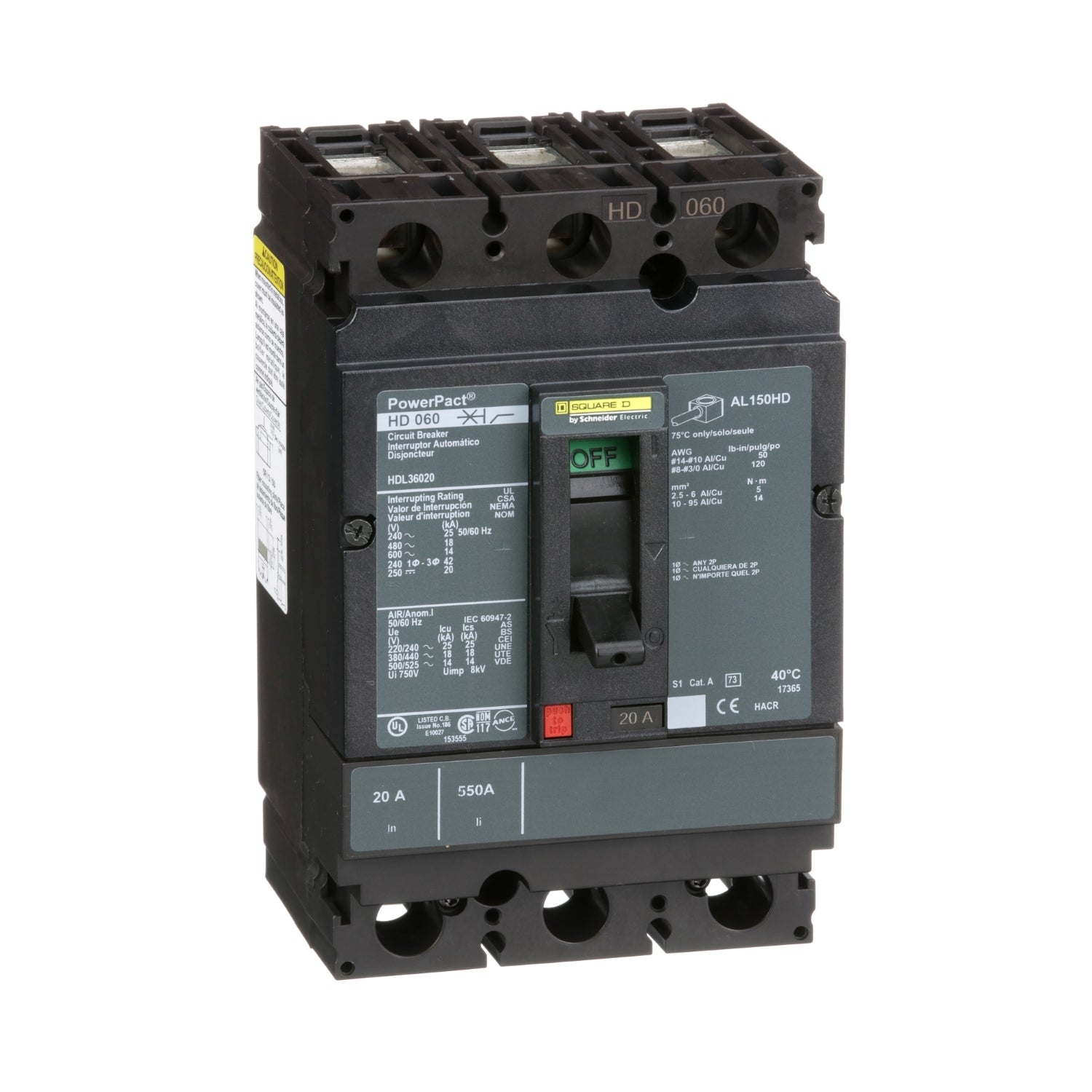 HDL36020 - Schneider Electric - Feed-Thru 20 Amp 3 Pole 600 Volt Square D Molded Case Circuit Breaker