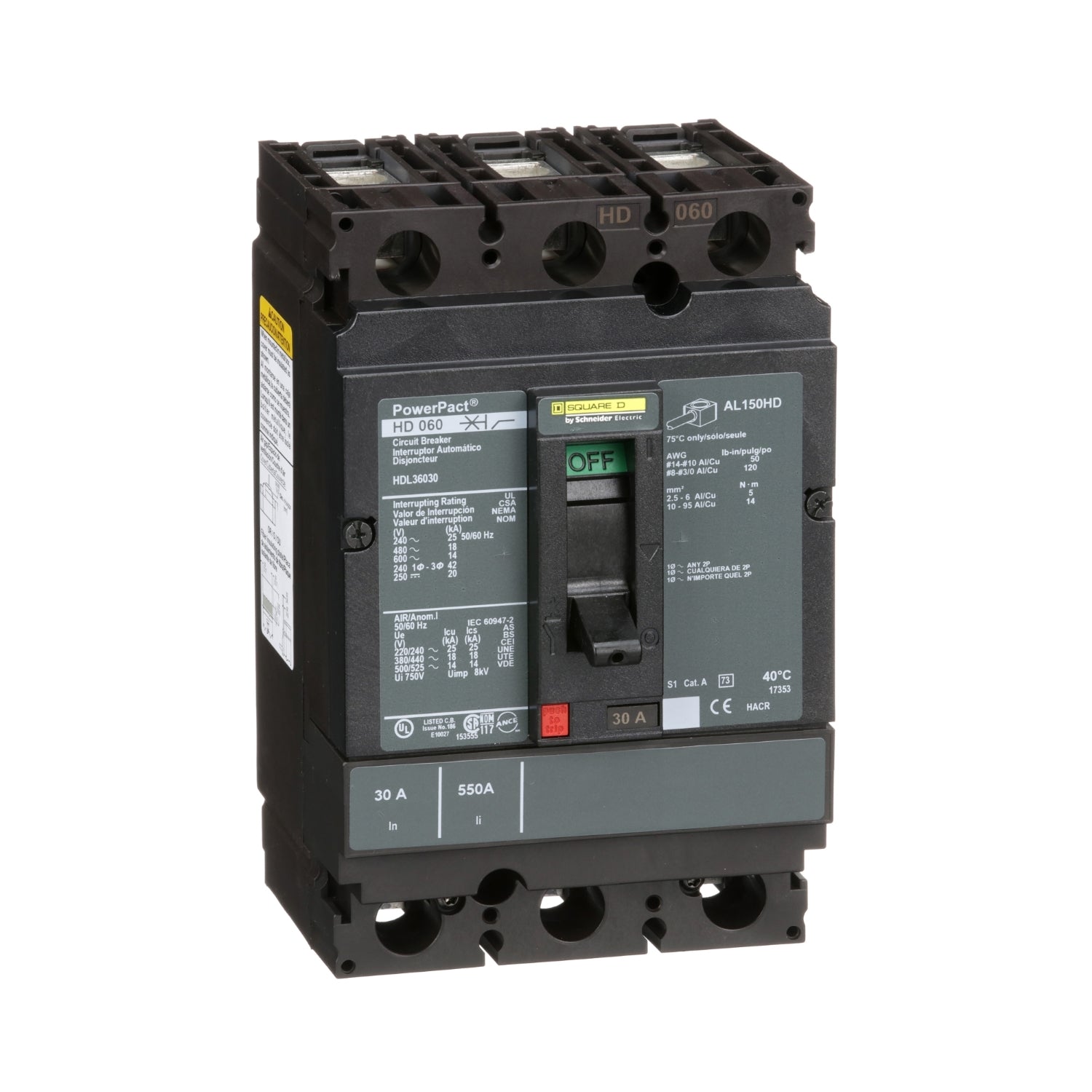 HDL36030 - Schneider Electric - Feed-Thru 30 Amp 3 Pole 600 Volt Square D Molded Case Circuit Breaker