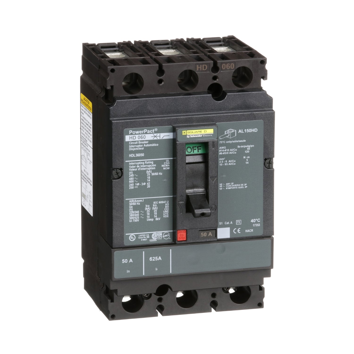 HDL36050 - Schneider Electric - Feed-Thru 50 Amp 3 Pole 600 Volt Square D Molded Case Circuit Breaker