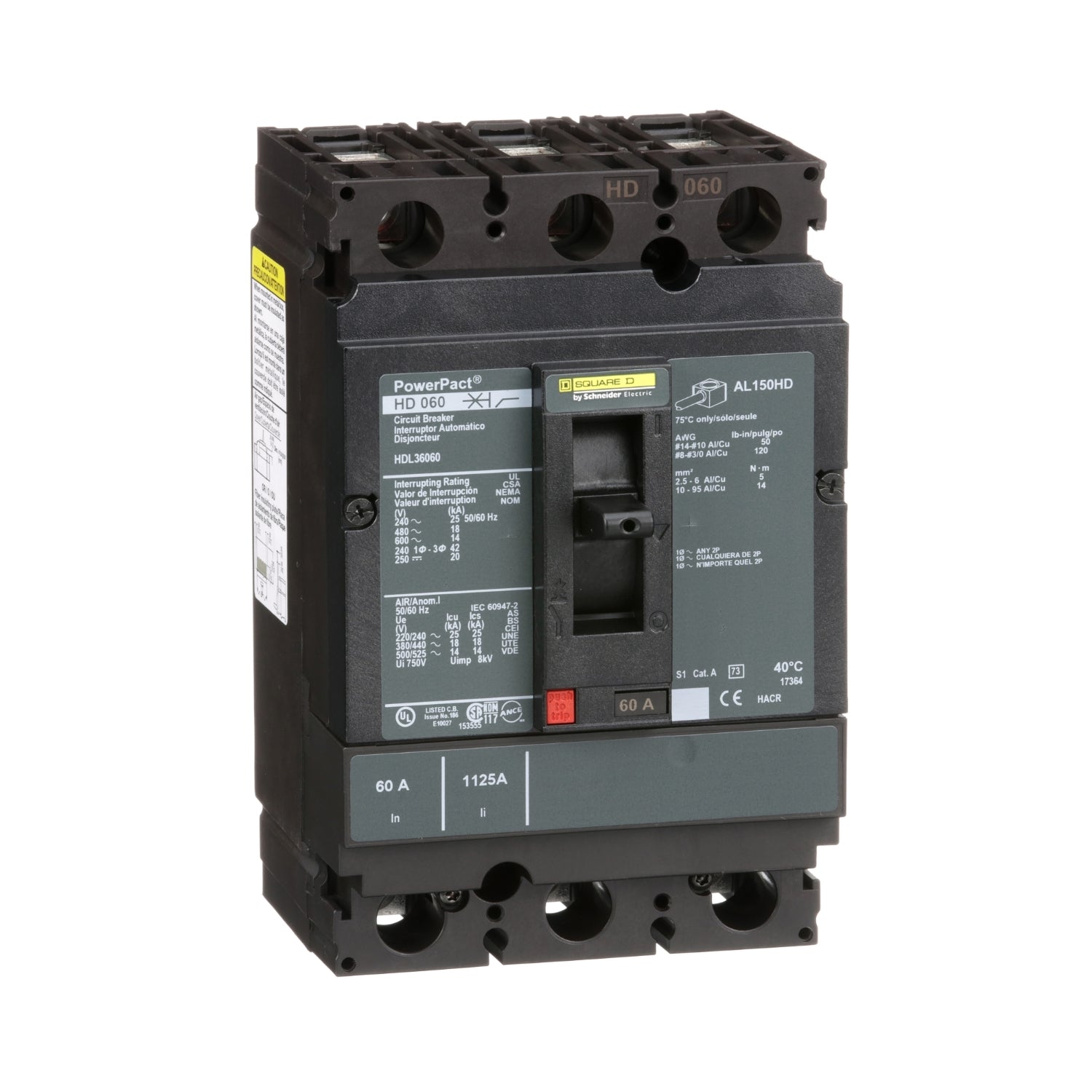 HDL36060 - Schneider Electric - Feed-Thru 60 Amp 3 Pole 600 Volt Square D Molded Case Circuit Breaker