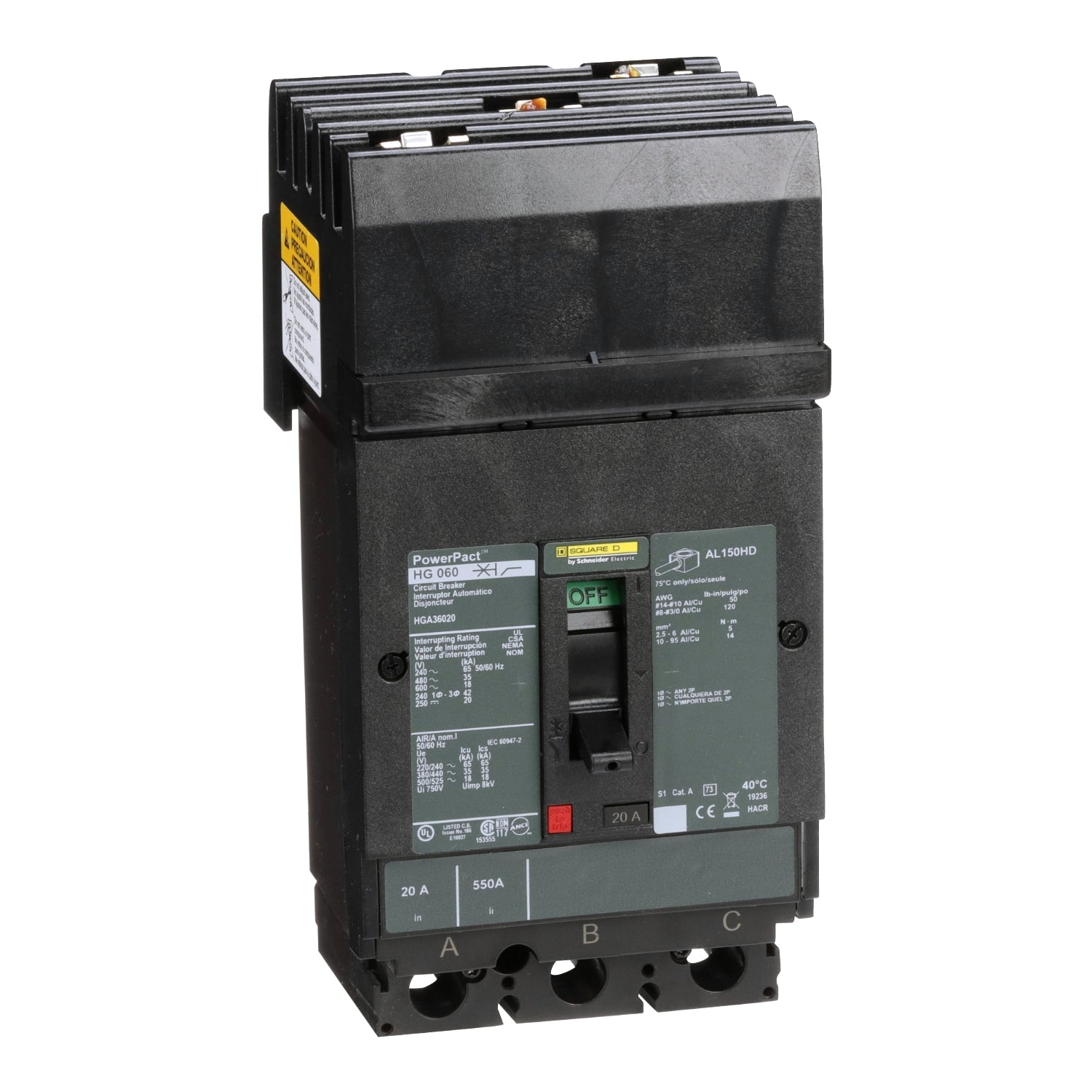 HGA36020 - Schneider Electric - I-Line Plug-In 20 Amp 3 Pole 600 Volt Square D Molded Case Circuit Breaker