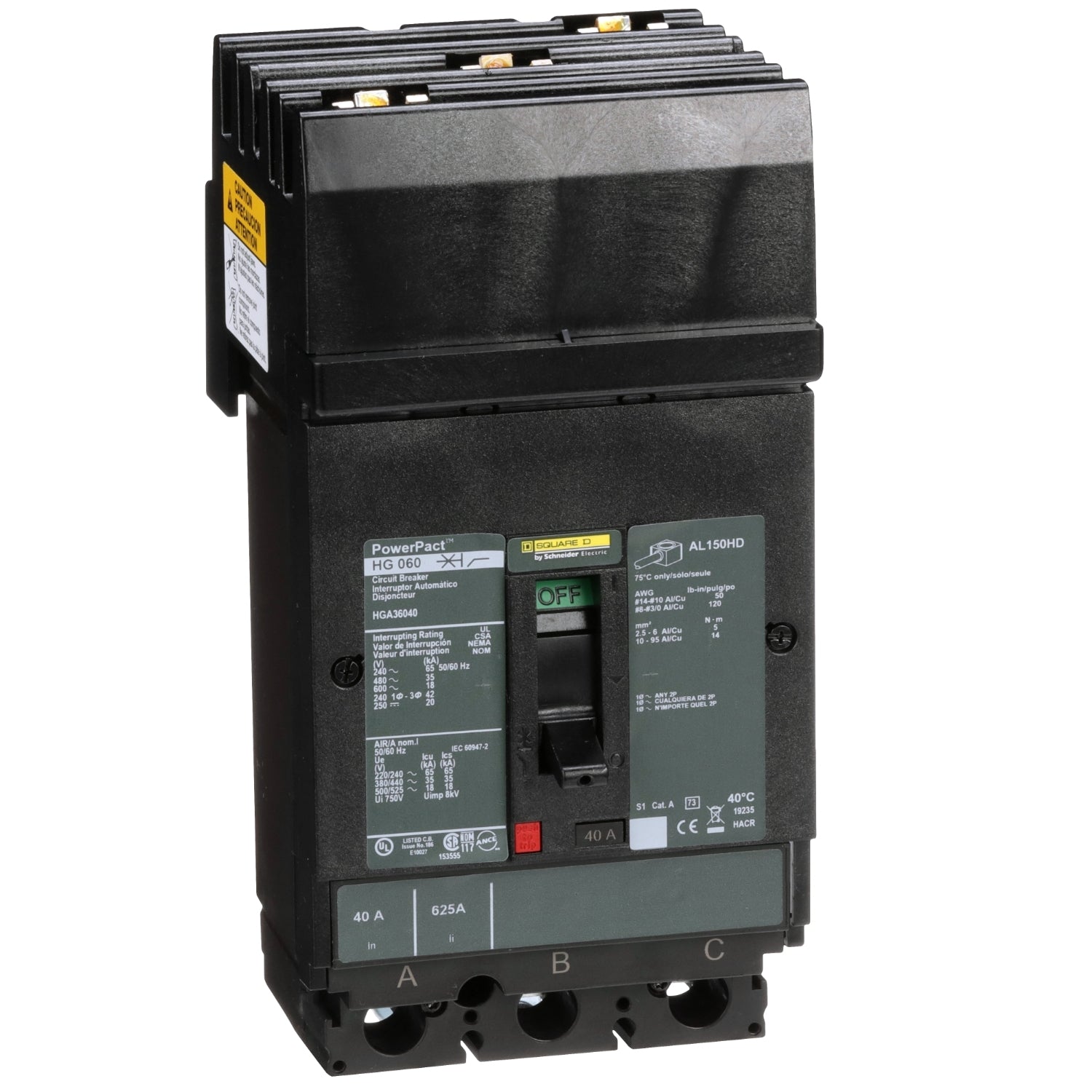 HGA36040 - Schneider Electric - I-Line Plug-In 40 Amp 3 Pole 600 Volt Square D Molded Case Circuit Breaker