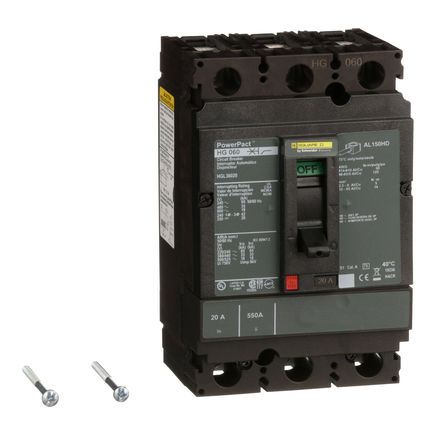 HGL36020 - Schneider Electric - Feed-Thru 20 Amp 3 Pole 600 Volt Square D Molded Case Circuit Breaker
