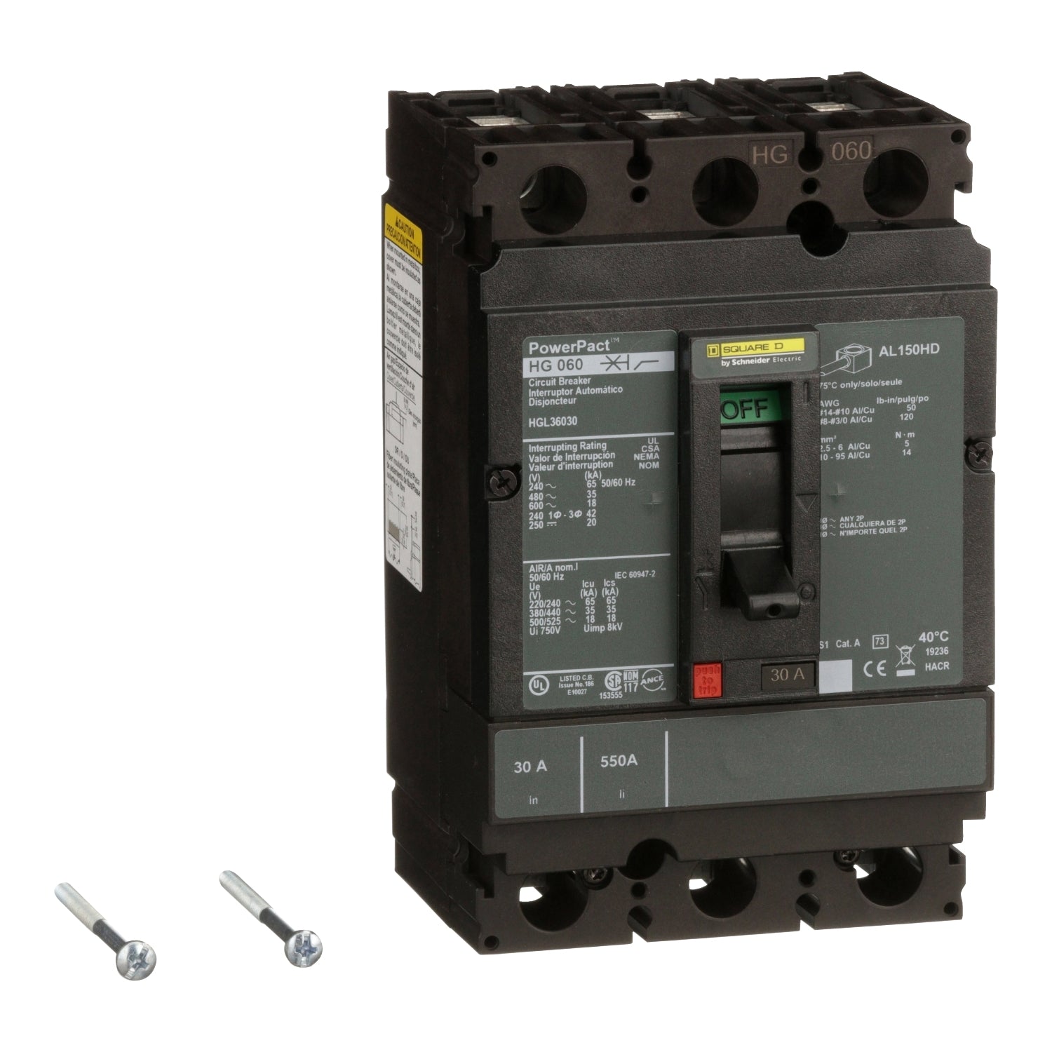 HGL36030 - Schneider Electric - Feed-Thru 30 Amp 3 Pole 600 Volt Square D Molded Case Circuit Breaker