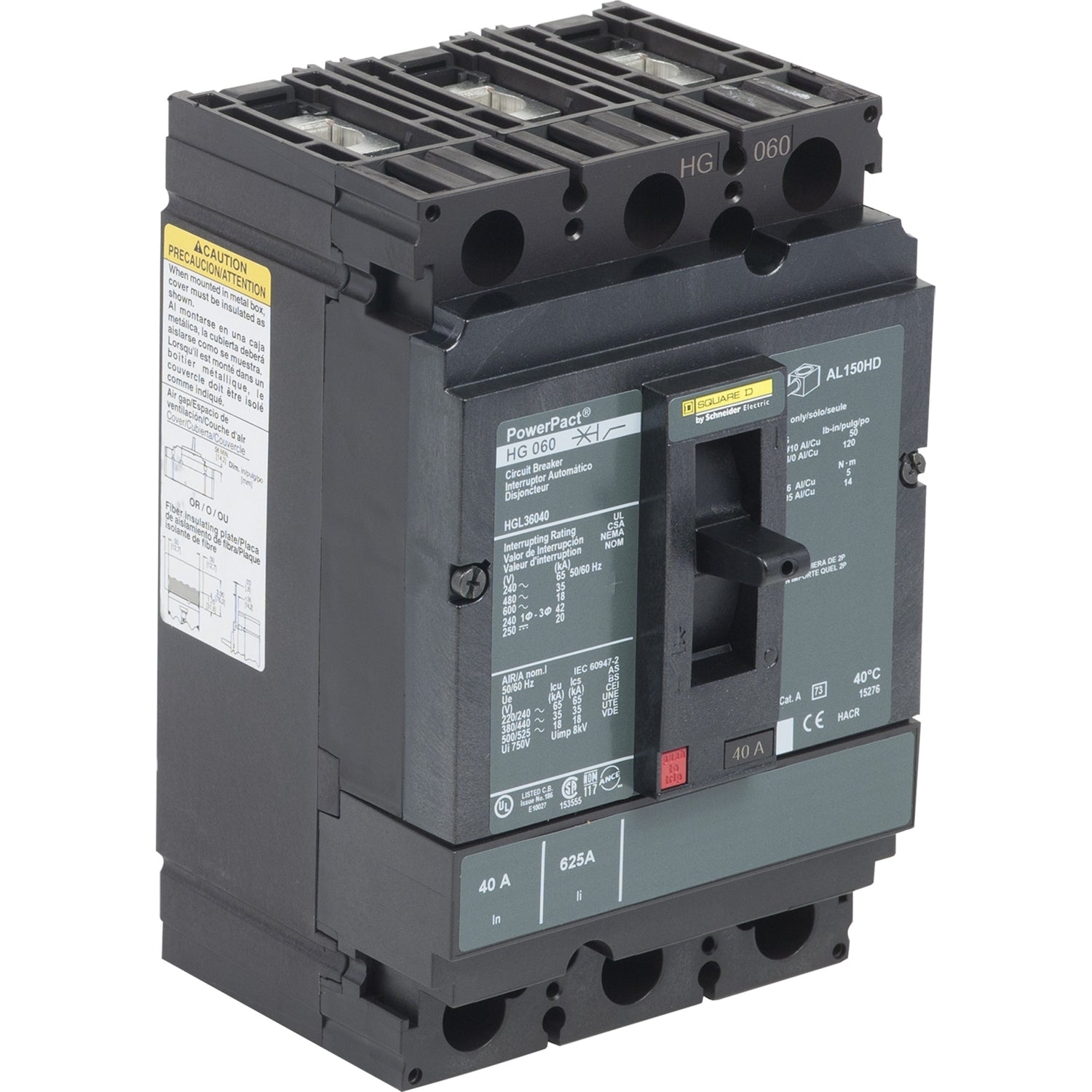 HGL36040 - Schneider Electric - Feed-Thru 40 Amp 3 Pole 600 Volt Square D Molded Case Circuit Breaker